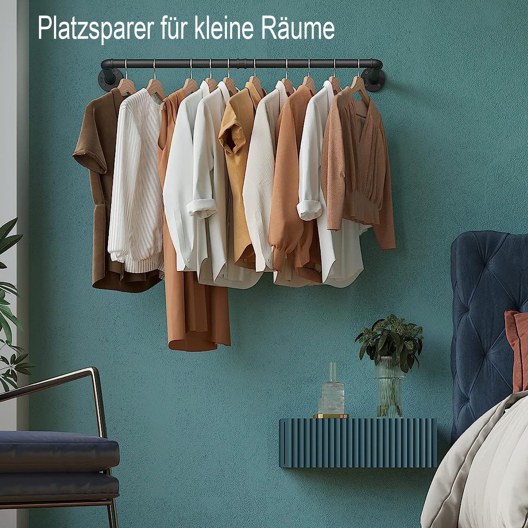 Forrlite Garderobenstange Industrierohr Kleiderstangen,Garderobenstange für die Wand, (Metall Industrial Garderobenstange Wandmontage,Retro-Metall-Kleiderstange,Abnehmbare Platzsparend Wand Kleiderständer für Zuhause)