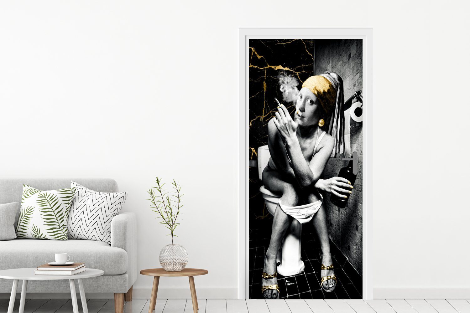 MuchoWow Türtapete Marmoroptik - Mädchen mit Perlenohrring - Zigaretten - Toilette - Gold, Matt, bedruckt, (1 St), Selbstklebende Tapete, Folie für Möbel, 75x205 cm