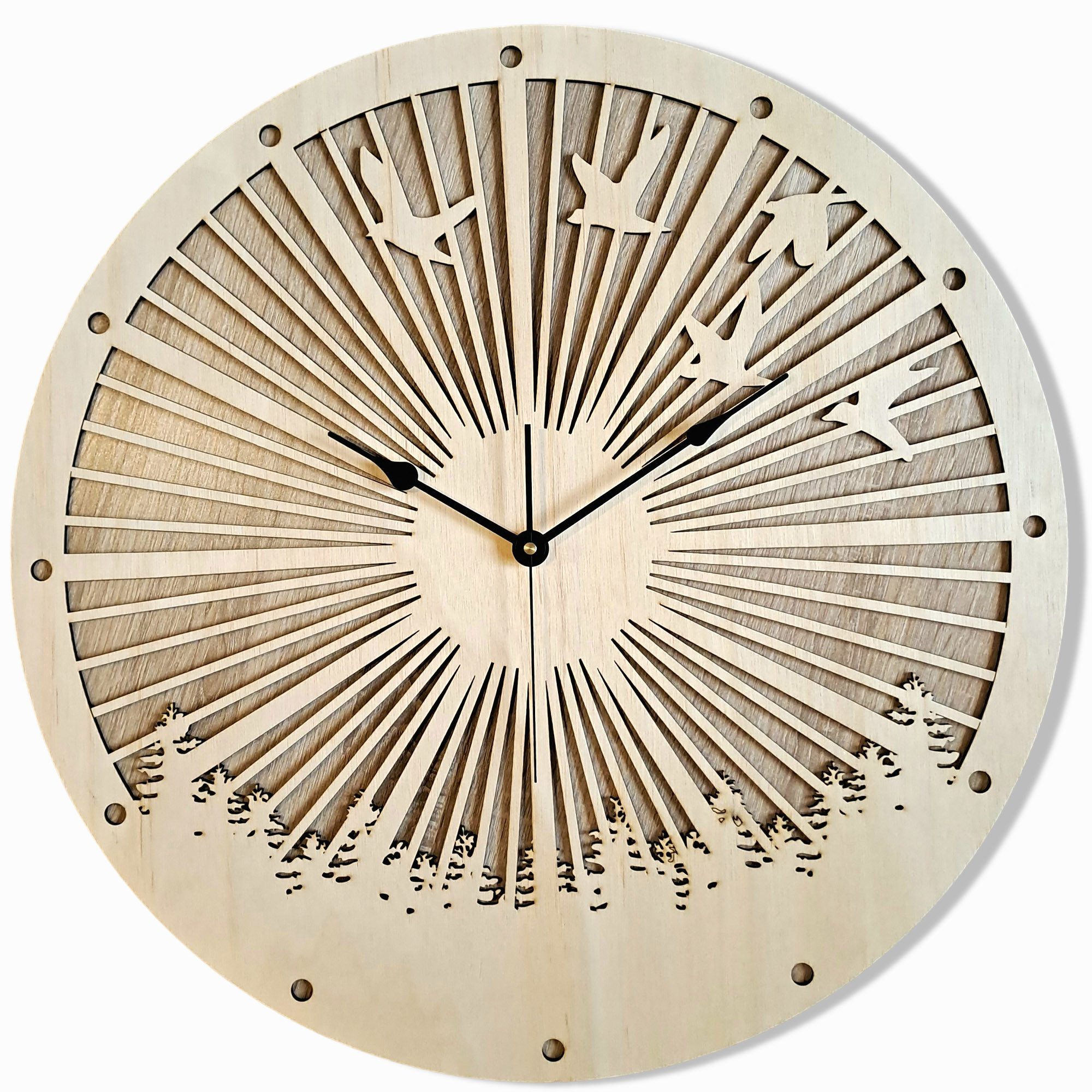 ORNAMENTI Wanduhr Vögel, Wald, skandinavischer Stil, Eiche, moderne, holz, hingucker (ohne Ticken, Wanddeko, Holzdeko, 3 Größen 40, 50, 60 cm)
