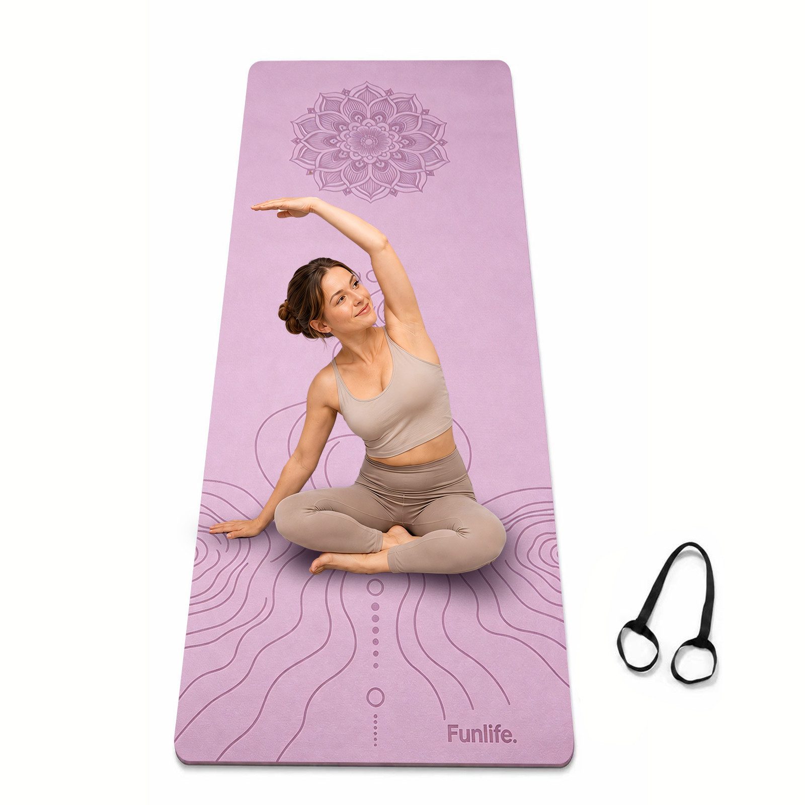 FunLife Yogamatte Comfort 61 cm– einzeln oder mit 3 Widerstandsbändern (Set, Yogamatte, Tragegurt), 8 mm gepolstert, rutschhemmend, formstabil, mit Tragegurt