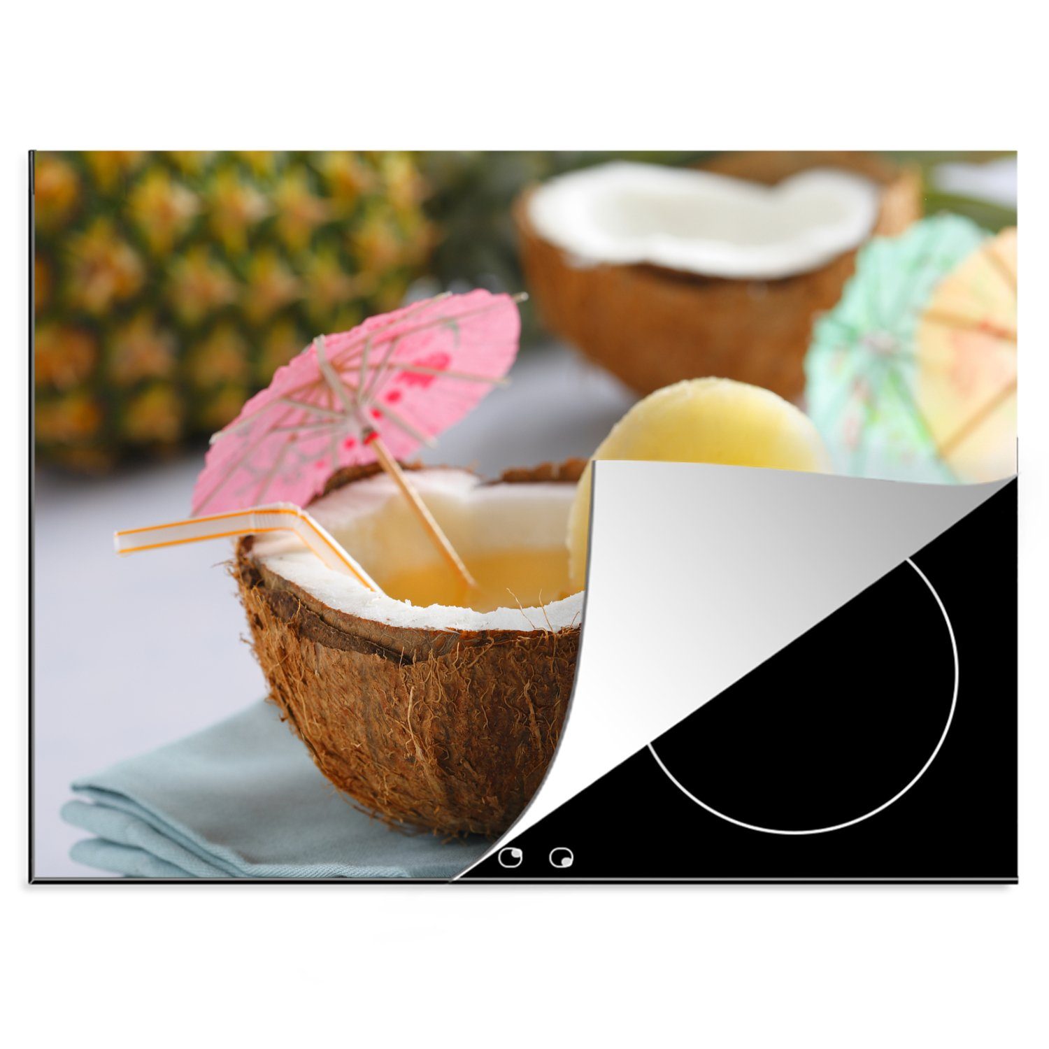MuchoWow Herdblende-/Abdeckplatte Kokosnuss-Cocktail mit tropischen Farben auf einem Teppich, Vinyl, (1 tlg), 70x52 cm, Mobile Arbeitsfläche nutzbar, Ceranfeldabdeckung