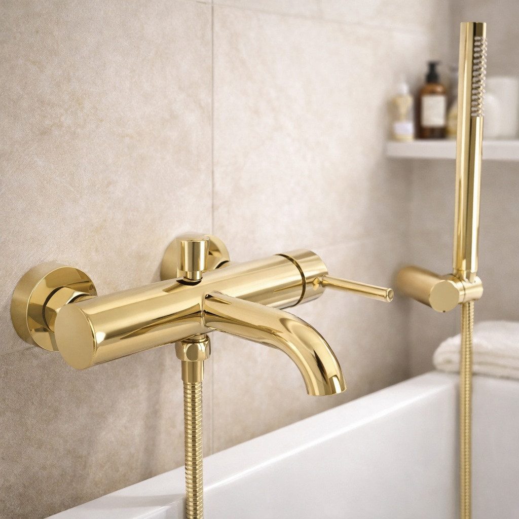 wohnwerk.idee Wannenarmatur Badewannenarmatur Gold, Messing Einhebelmischer mit Stabhandbrause