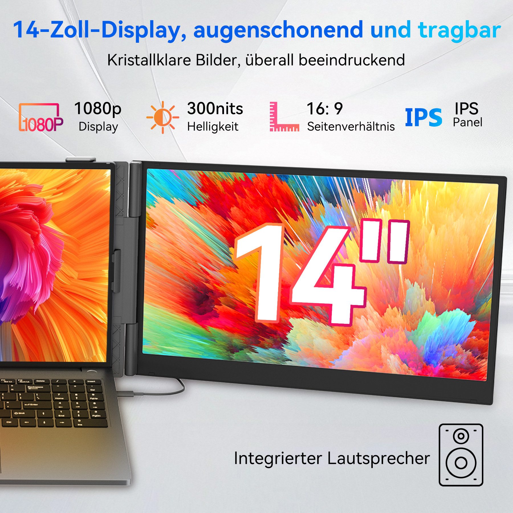 blackview Dual-Screen-Laptop PRO-Bildschirm-Extender Ultra-dünne Gaming Monitor Portabler Monitor (180° Monitor, Für 13"-17" Laptops- Nur ein Kabel für Video & Strom)