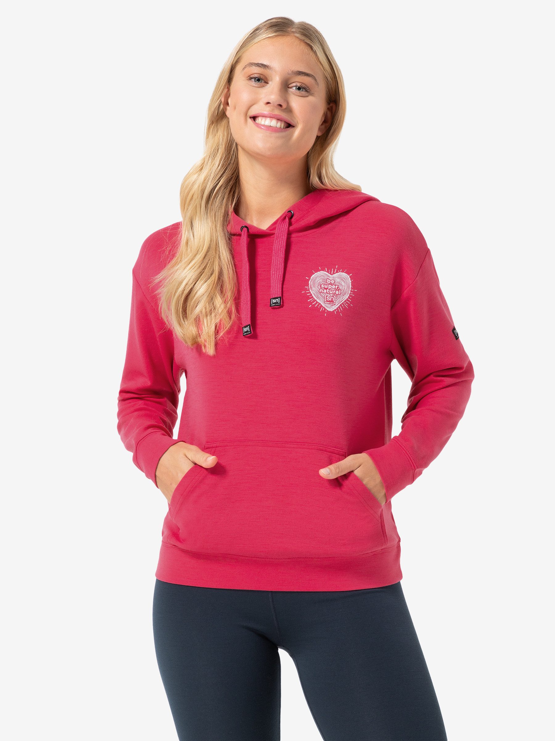 SUPER.NATURAL Hoodie für Damen, Merino LITTLE HEARTWOOD mit Herz Motiv