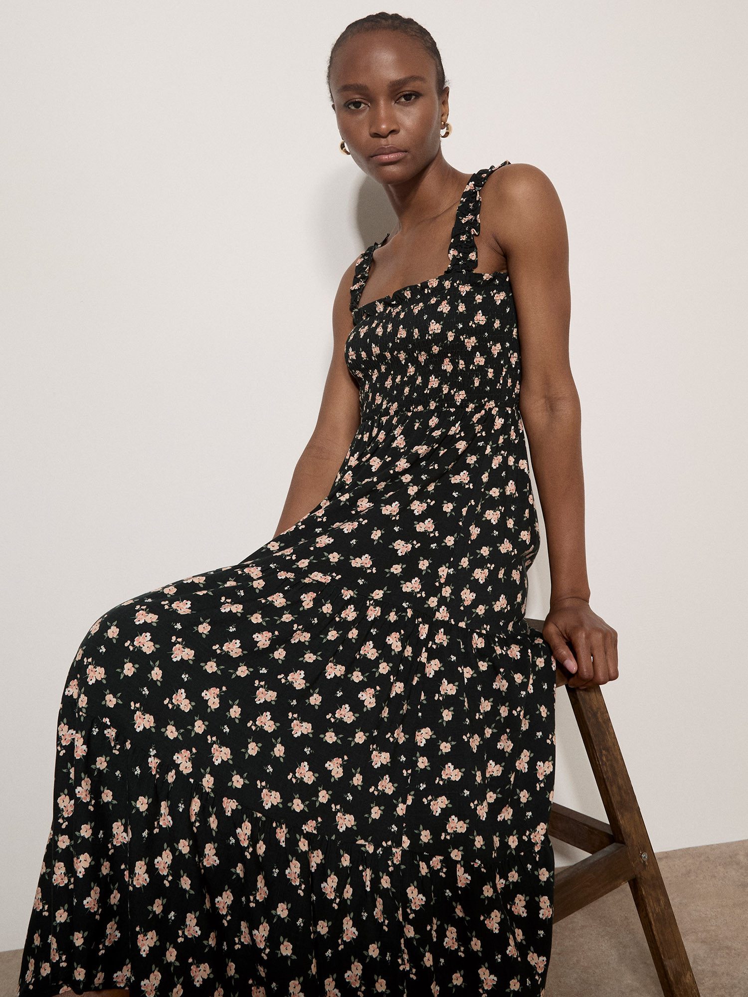 Apricot Midikleid Florales Midikleid mit Smokdetails