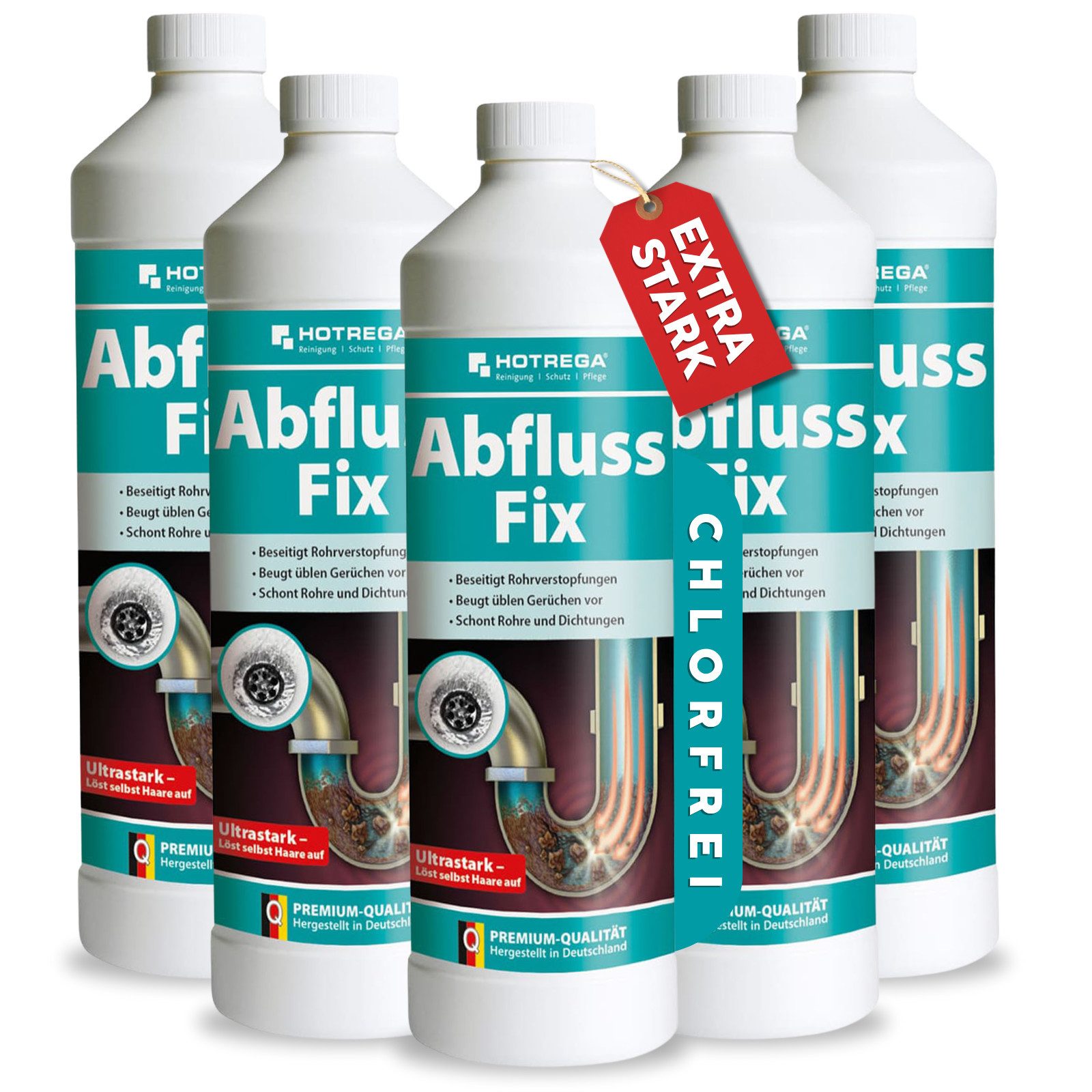 HOTREGA® Abfluss Fix Abflussreiniger Abflussfrei 1L Konzentrat Rohrreiniger (für Küche, Dusche, WC & Bad gegen Haare, Fett & Verstopfungen)