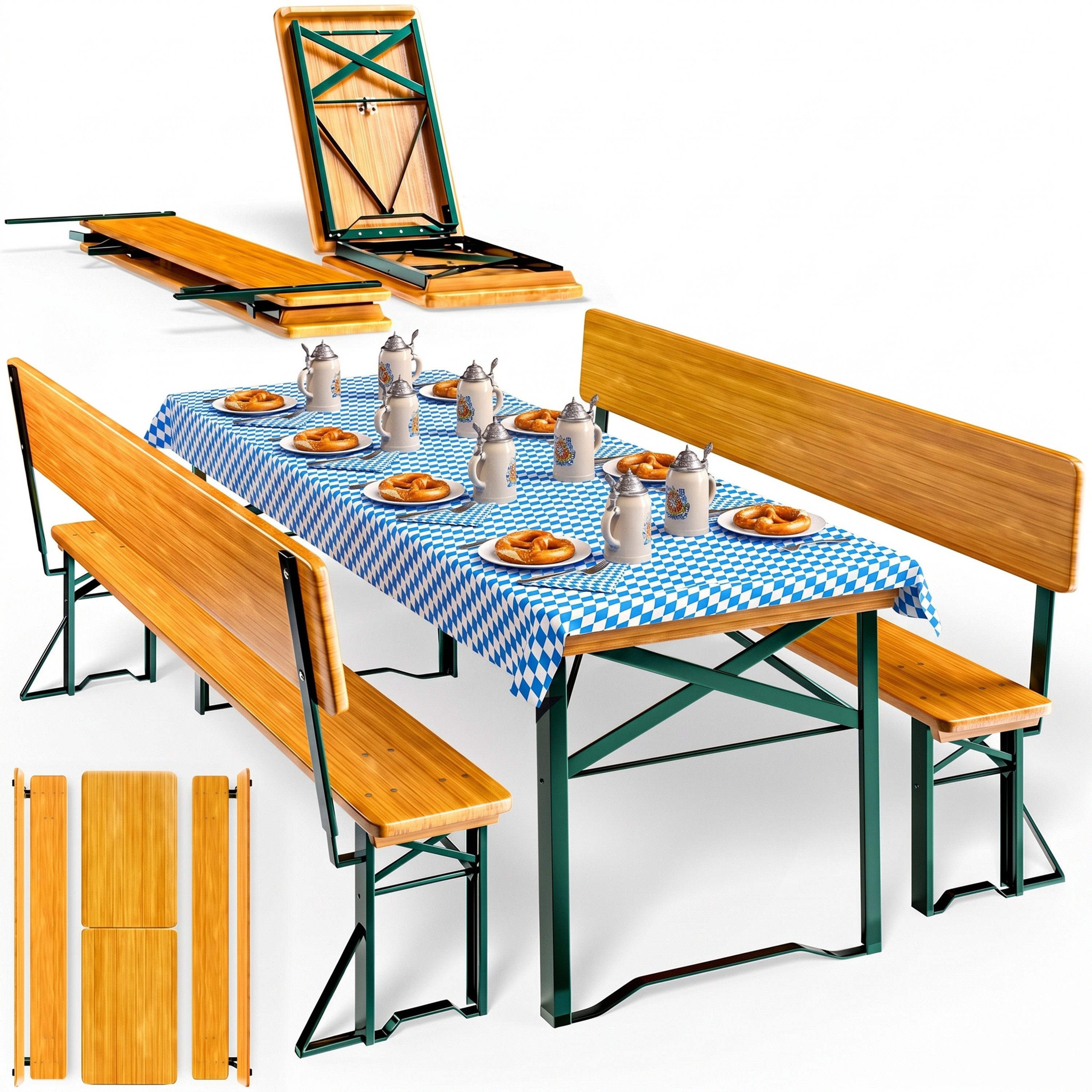 Casaria Bierzeltgarnitur, (3-tlg), mit Lehne 170 cm Klappbar Stabil 2x Bierbank 1x Breiter Tisch Holz