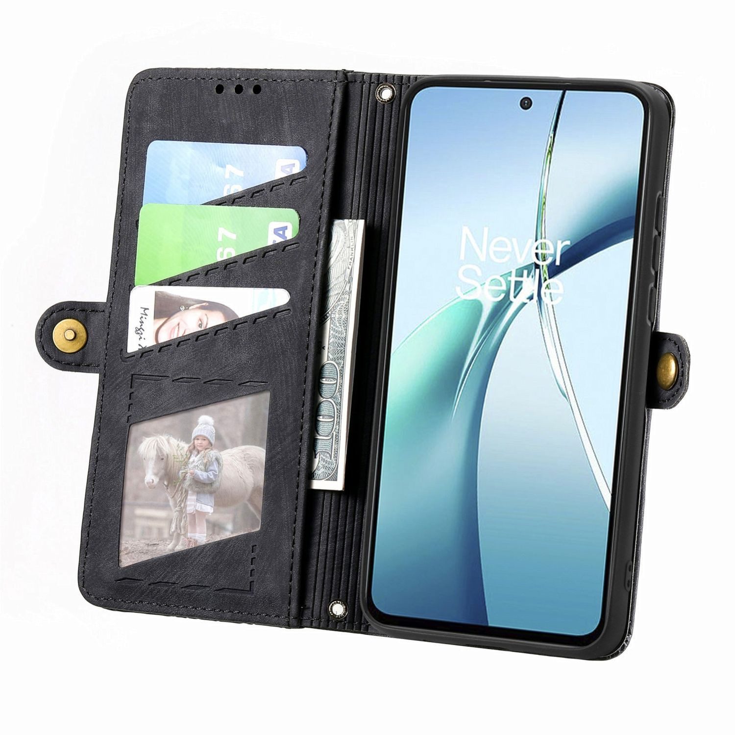 Wigento Handyhülle Für ZTE Blade A75 4G Design Kunstleder Zipper Wallet Tasche Schwarz, Kartenfächer, Reißverschlussfach, Standfunktion