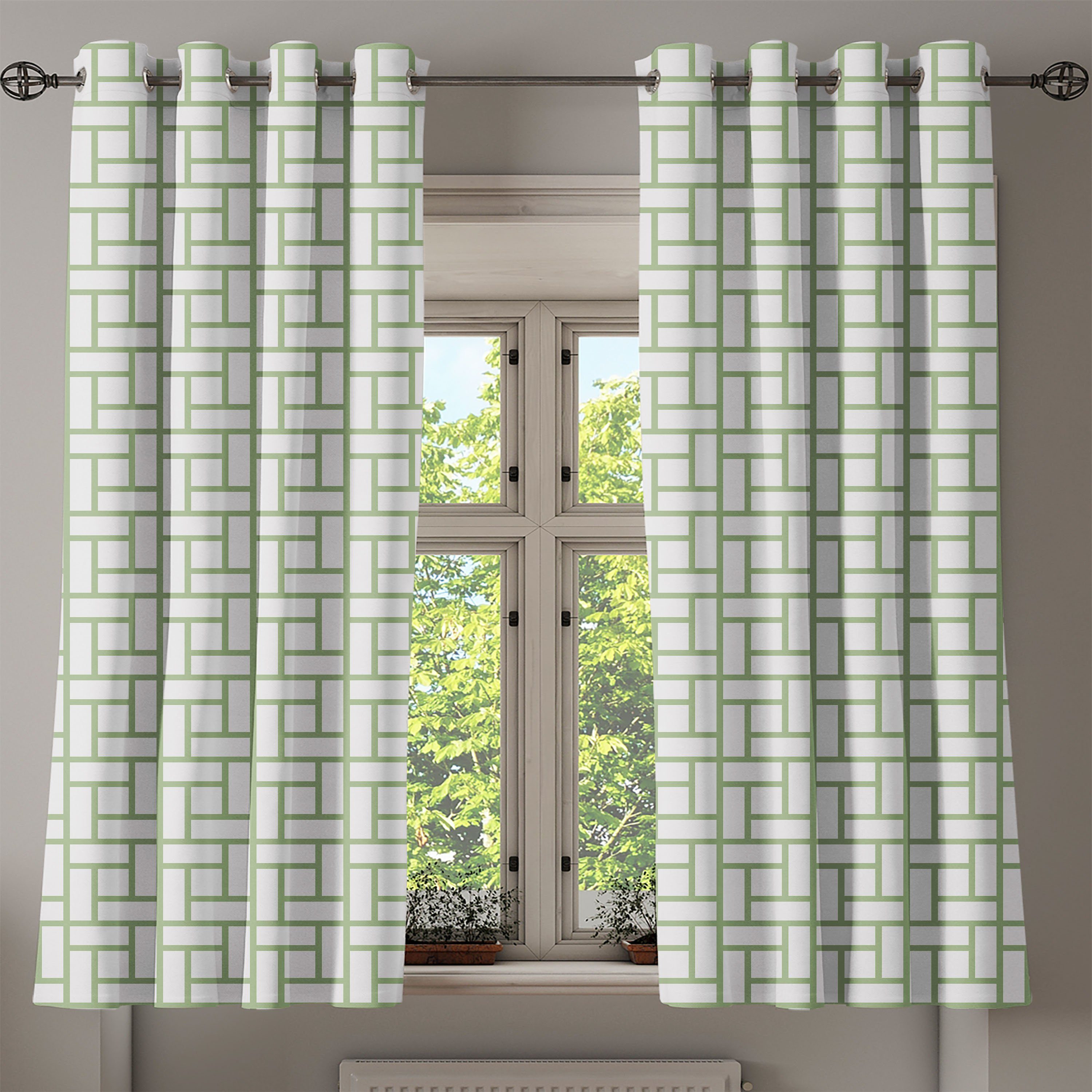 Abakuhaus, Schlafzimmer Maze Grün Gardine Wohnzimmer, für 2-Panel-Fenstervorhänge Linien Dekorative geformte Quadrate