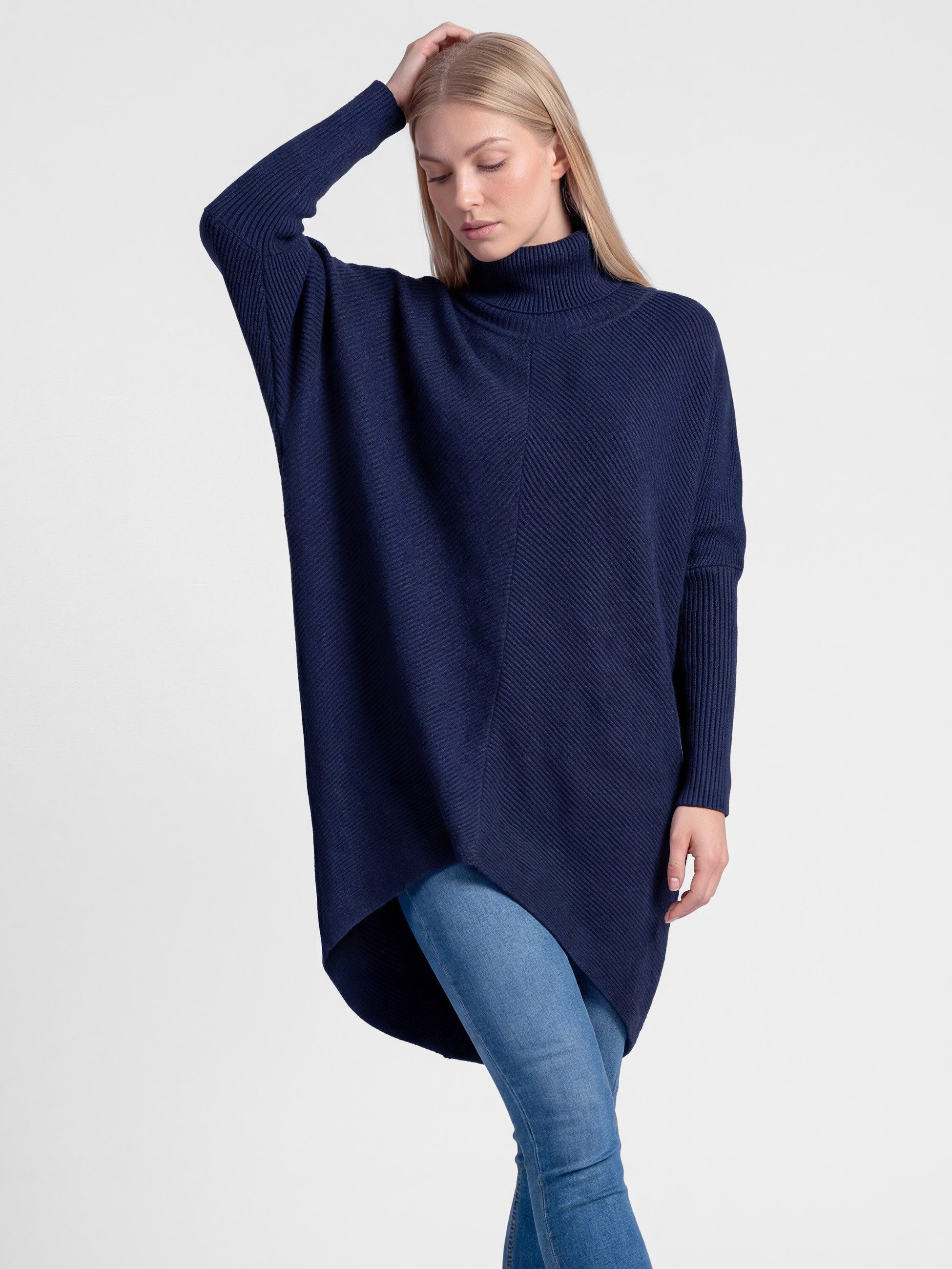 PEKIVESSA Longpullover Oversized langer Rollkragenpullover Damen Fledermausärmel (Einzelartikel, 1-tlg) hinten länger