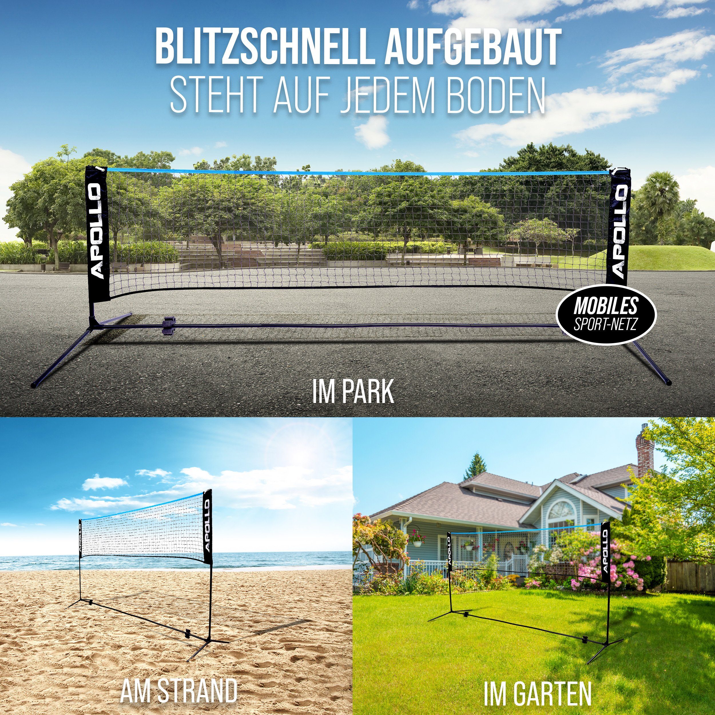 Apollo Badmintonnetz Badminton und Volleyball Netz, 300 cm, 400 cm, 500 cm, höhenverstellbar, inkl. 3 Federbällen