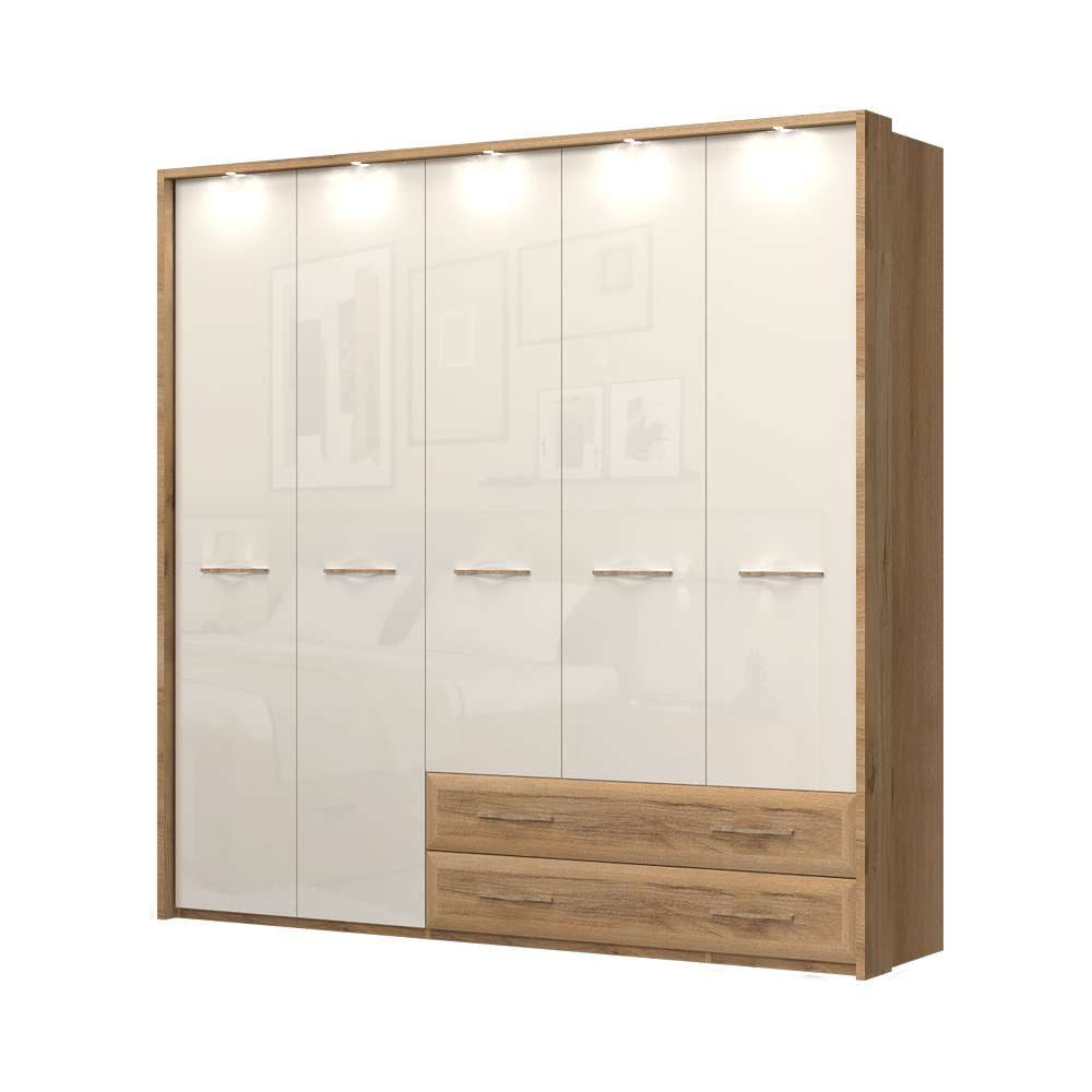 OTTO home Kleiderschrank Gala, beige hochglänzend UV lackiert, kratzfest, FSC-zertifiziert (abgerundete Schubladen aus MDF im Holzdekor, soft-close) mit Beleuchtung und Passpartourahmen, hoher Schrank (224cm), 3 Breiten
