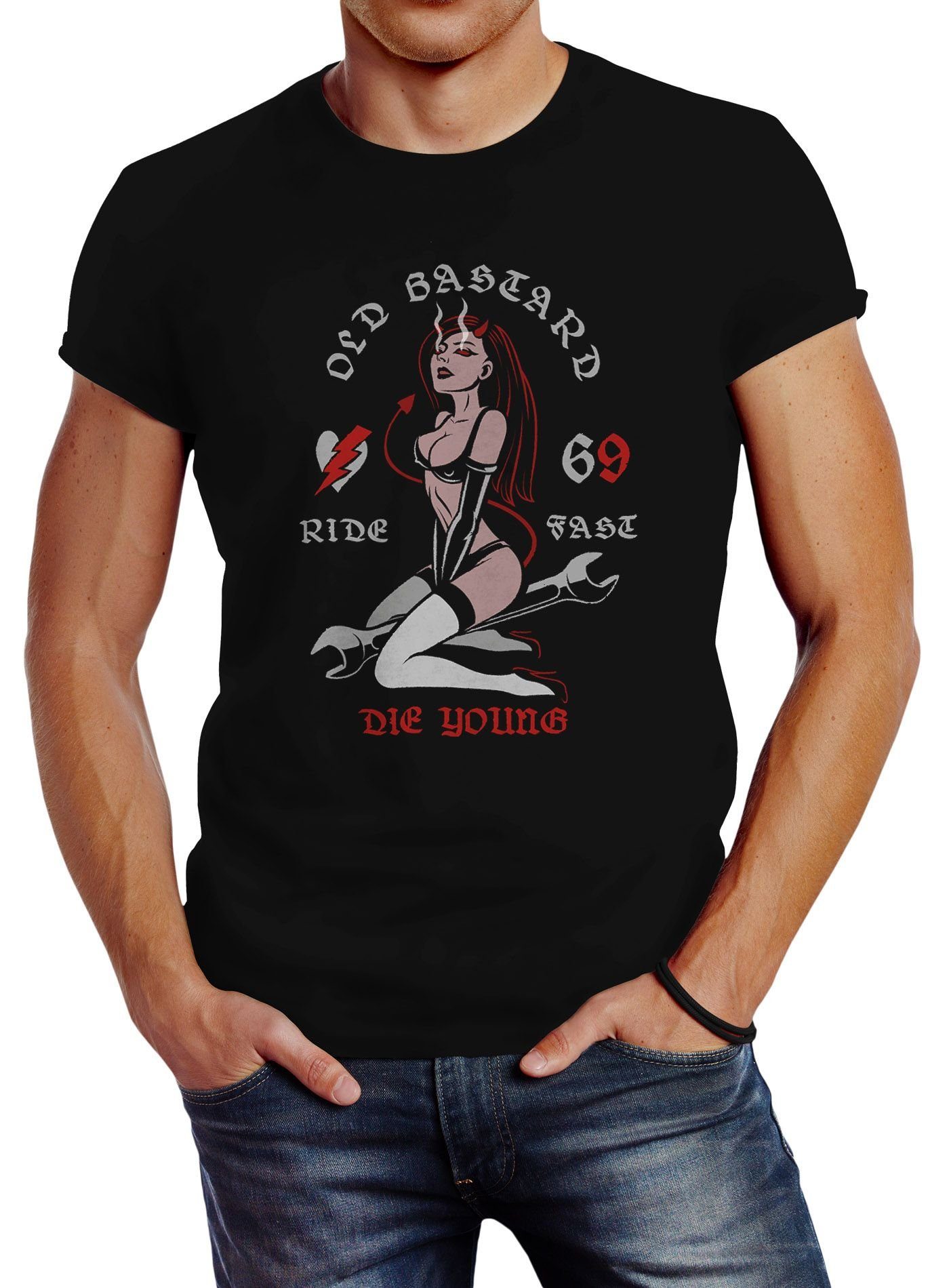 Neverless Print-Shirt Neverless® Herren T-Shirt Pin up Girl Racing Design Ride Fast Die Young Schriftzug mit Print