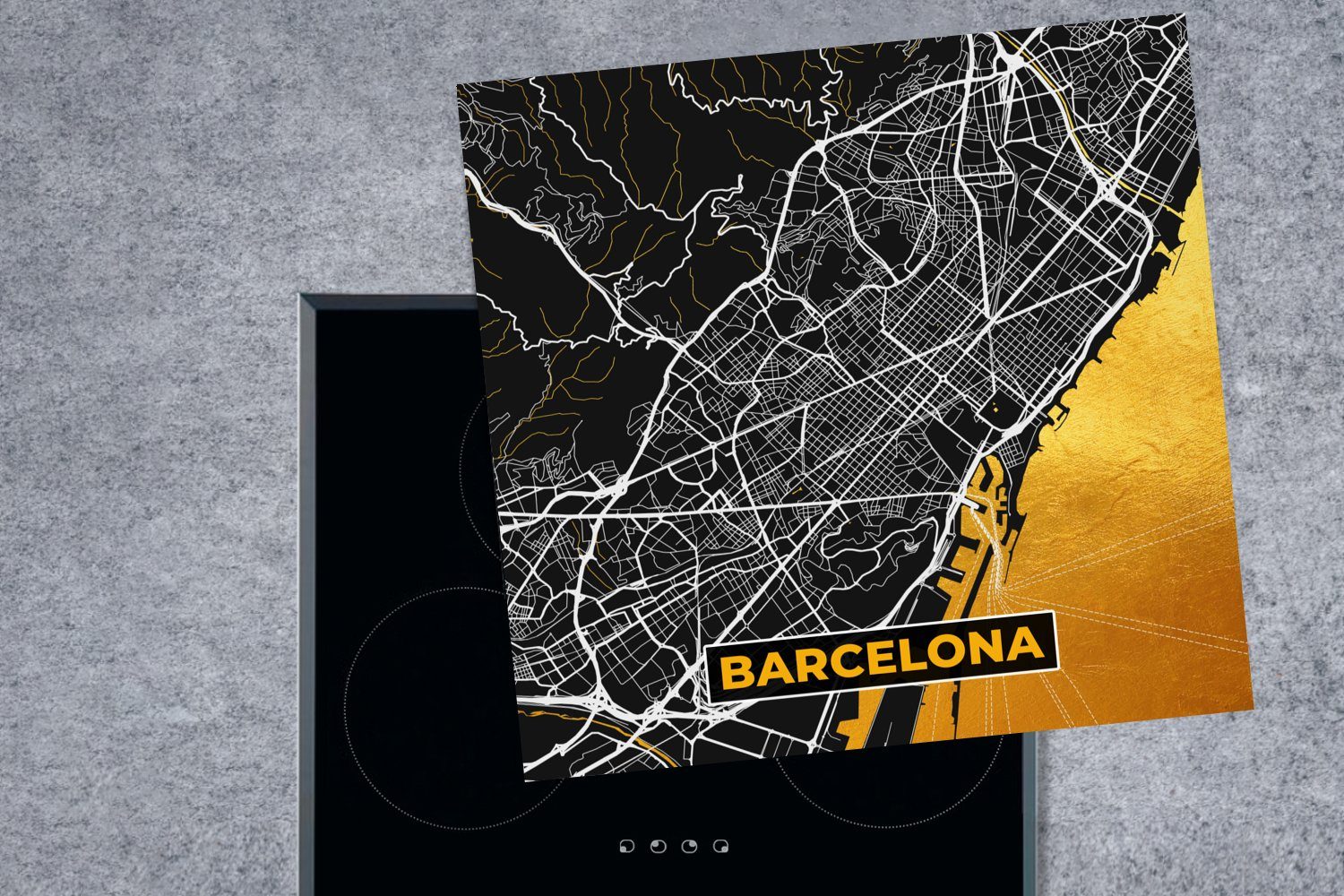 MuchoWow Herdblende-/Abdeckplatte Barcelona - küche Karte für - Gold, Vinyl, - Ceranfeldabdeckung, Arbeitsplatte tlg), (1 78x78 Stadtplan cm