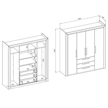 Lomadox Kleiderschrank ASERI-83 4-türig, schwarz matt, goldfarbene Details, ca. 199/214/61 cm