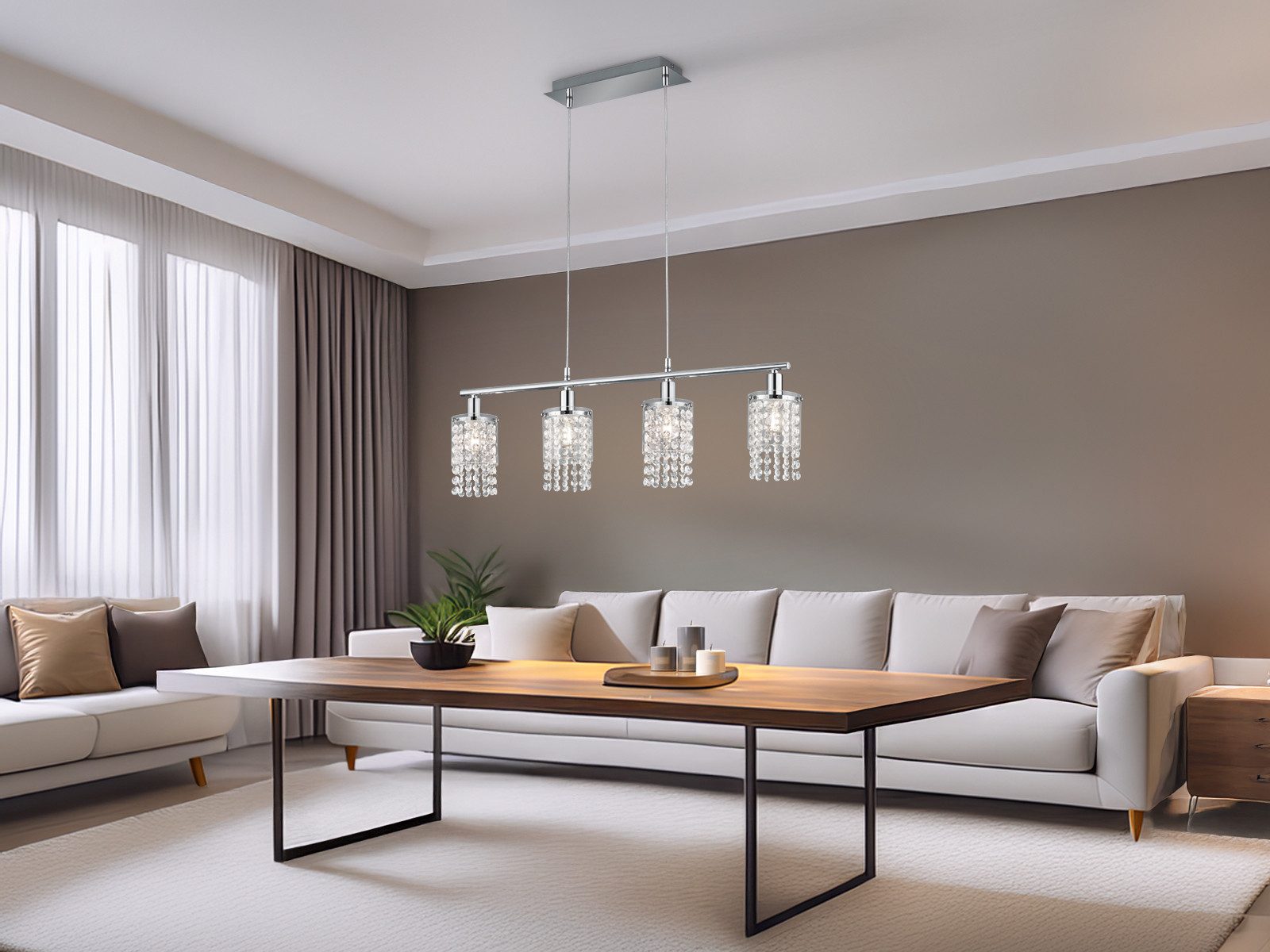 Reality Leuchten LED Pendelleuchte, Dimmfunktion, LED wechselbar, in 3 Stufen dimmbar über Lichtschalter, Warmweiß, ausgefallene mit Kristall-Behang hängend über-n Esstisch, B: 80cm