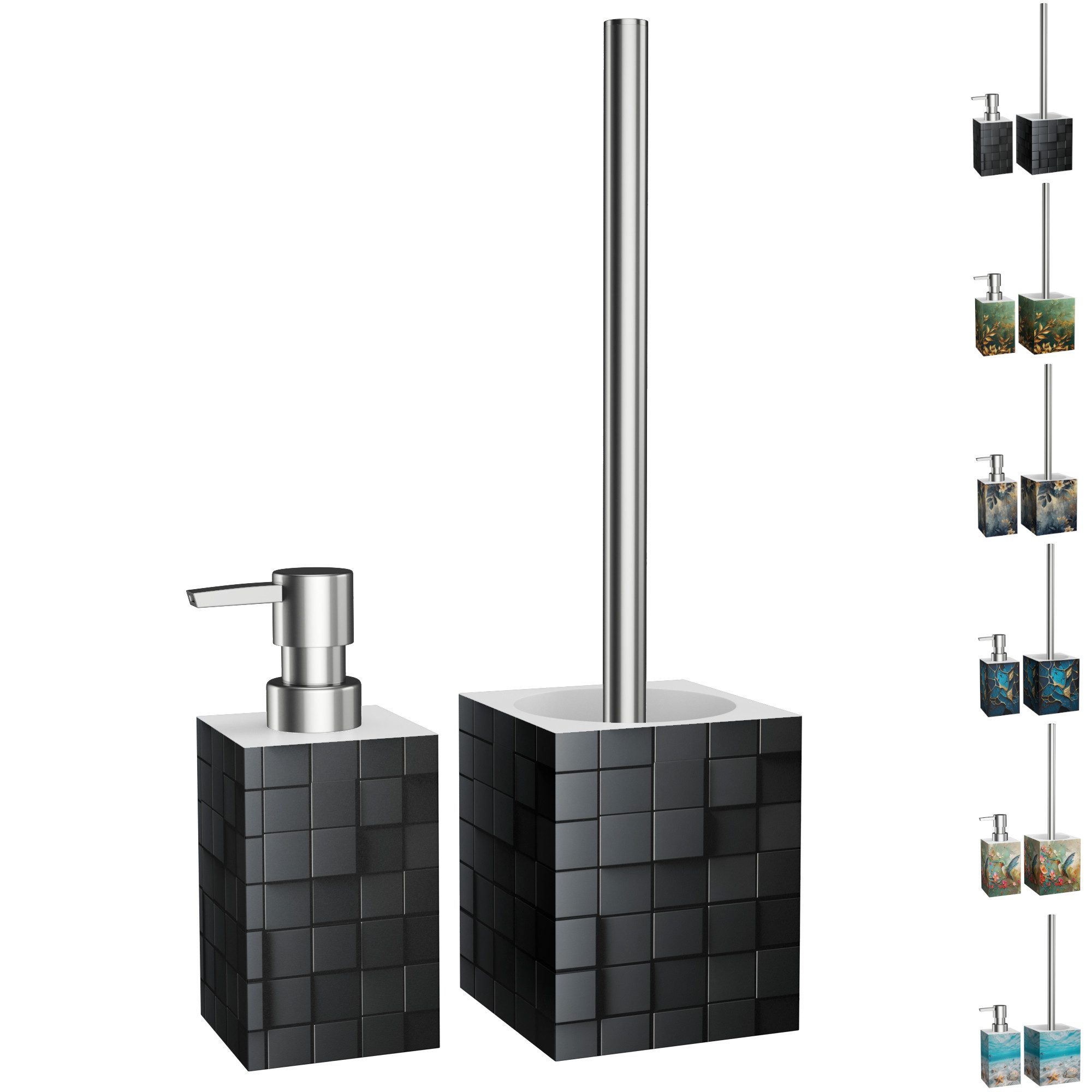 Sanilo Badaccessoire-Set mit Motiv, viele schöne Seifenspender und WC Bürsten zur Auswahl, Klobürste mit auswechselbaren Bürstenkopf, 2 tlg., 2-tlg., Desinfektionsspender mit stabiler Pumpe, hochwertig & modern