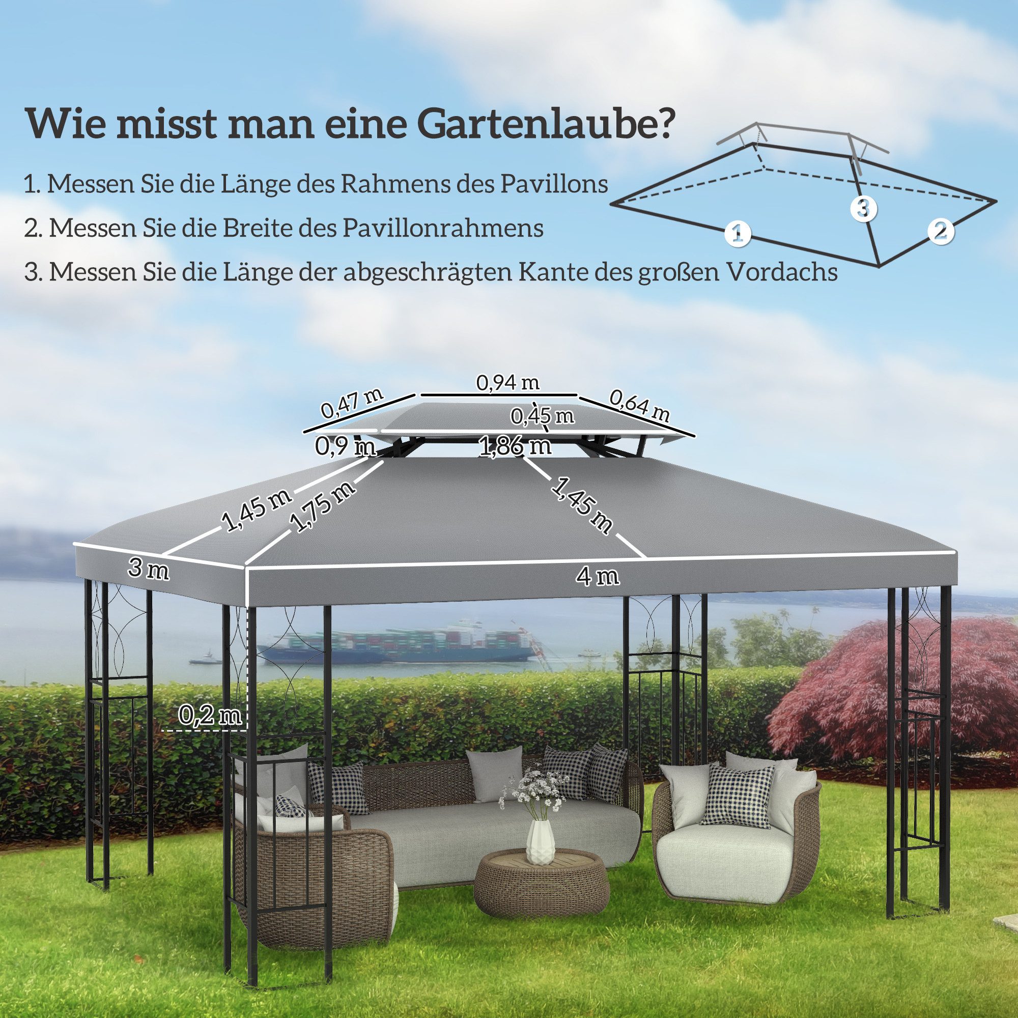 Outsunny Pavillon-Ersatzdach 3 x 4 m, mit Doppeldach, 180 g/m², 400 x 400 cm (Ersatzdach, Gartenpavillonersatzdach), für Gartenpavillon, Polyester, Hellgrau