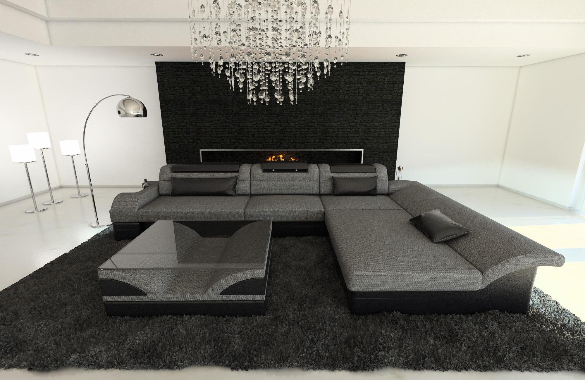 Monza H5 Designersofa Couch Grau-Schwarz Form, Stoffsofa Stoff Sofa ausziehbare Ecksofa L LED, Bettfunktion, Dreams Polstersofa mit