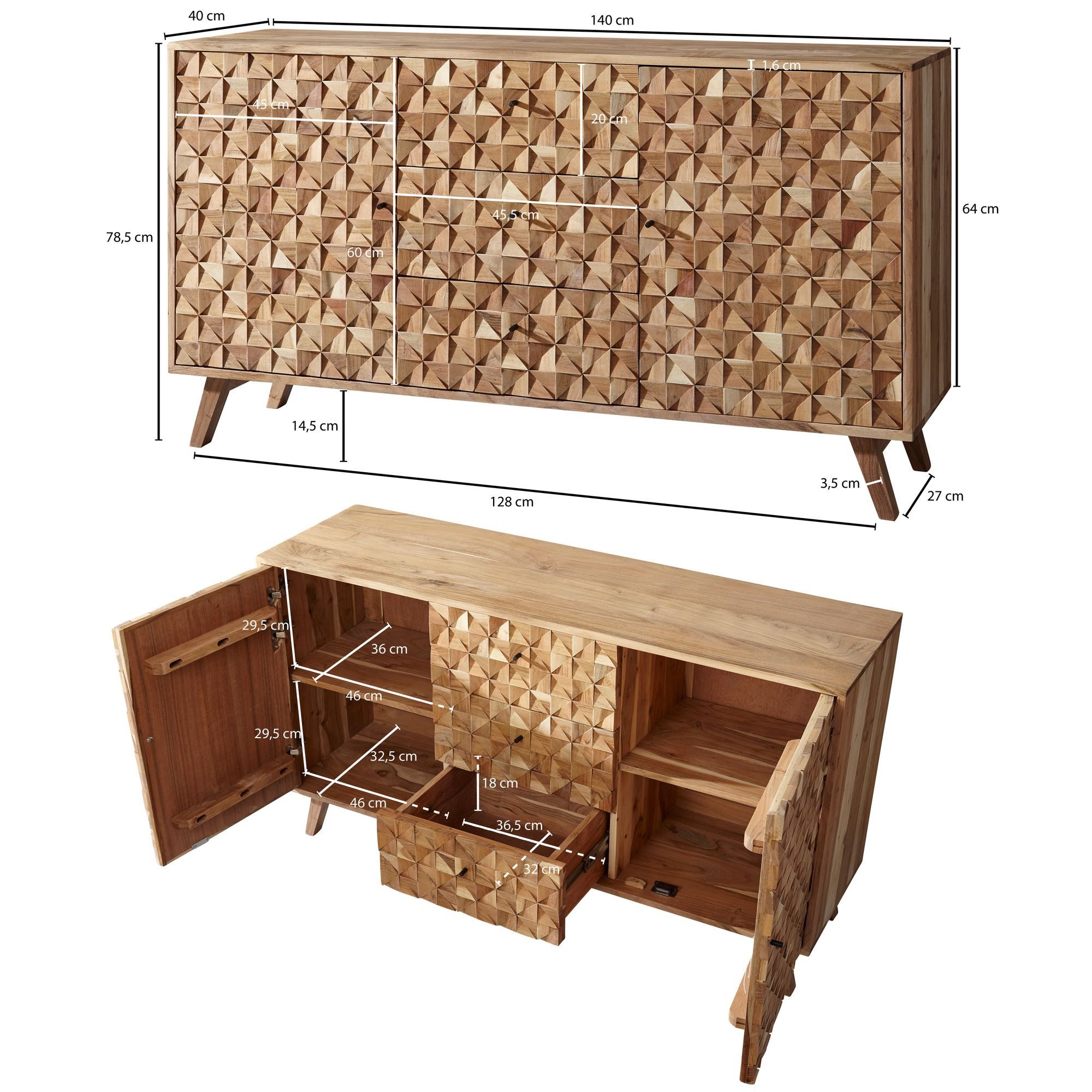 FINEBUY Sideboard FB50972 Massivholz 140cm 2 Türen 3 Schubladen Retro Kommode Schrank (Akazie Massivholz 140x78,5x40 cm Kommode Modern), Anrichte Groß, Schrank mit 2 Türen & 3 Schubladen