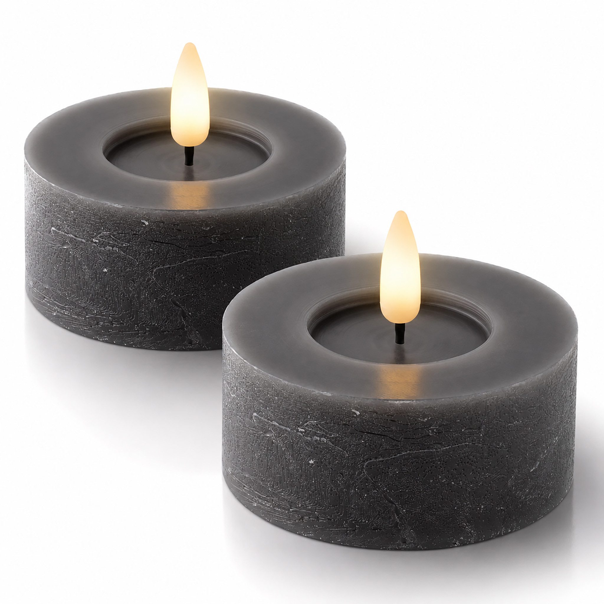 Lumineo LED-Kerze, Timer, warmweiß, LED Kerze 6x7cm mit Timer Wachs 2 Stück Rustik Grau / Warmweiß