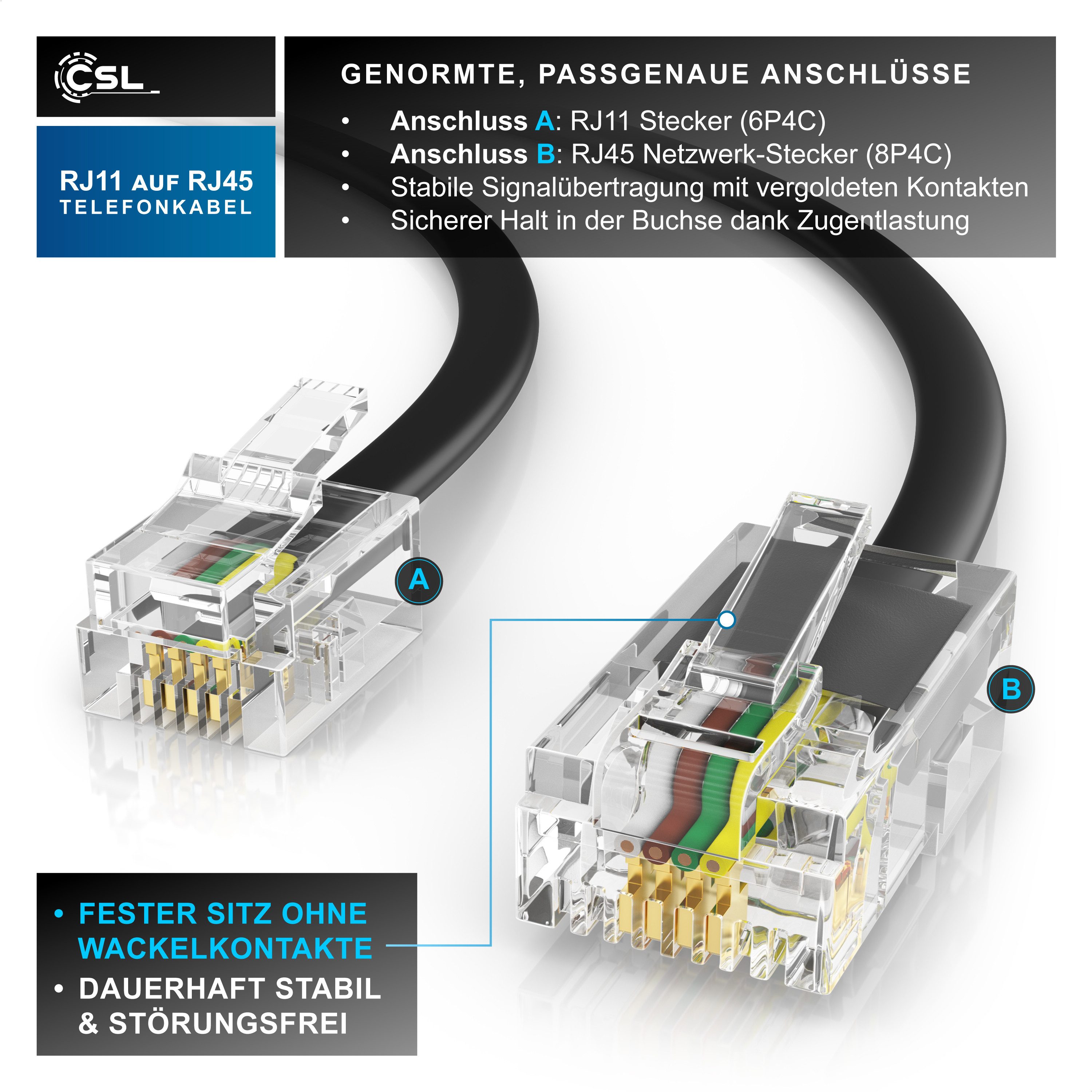 CSL Flachkabel RJ45 zu RJ11, Router zu Telefon Fax Anrufbeantworter 6 m Telefonkabel, RJ45, RJ-11 (600 cm), Modularkabel, Telefonanschlusskabel, Modem, DSL, VDSL, ISDN, flach
