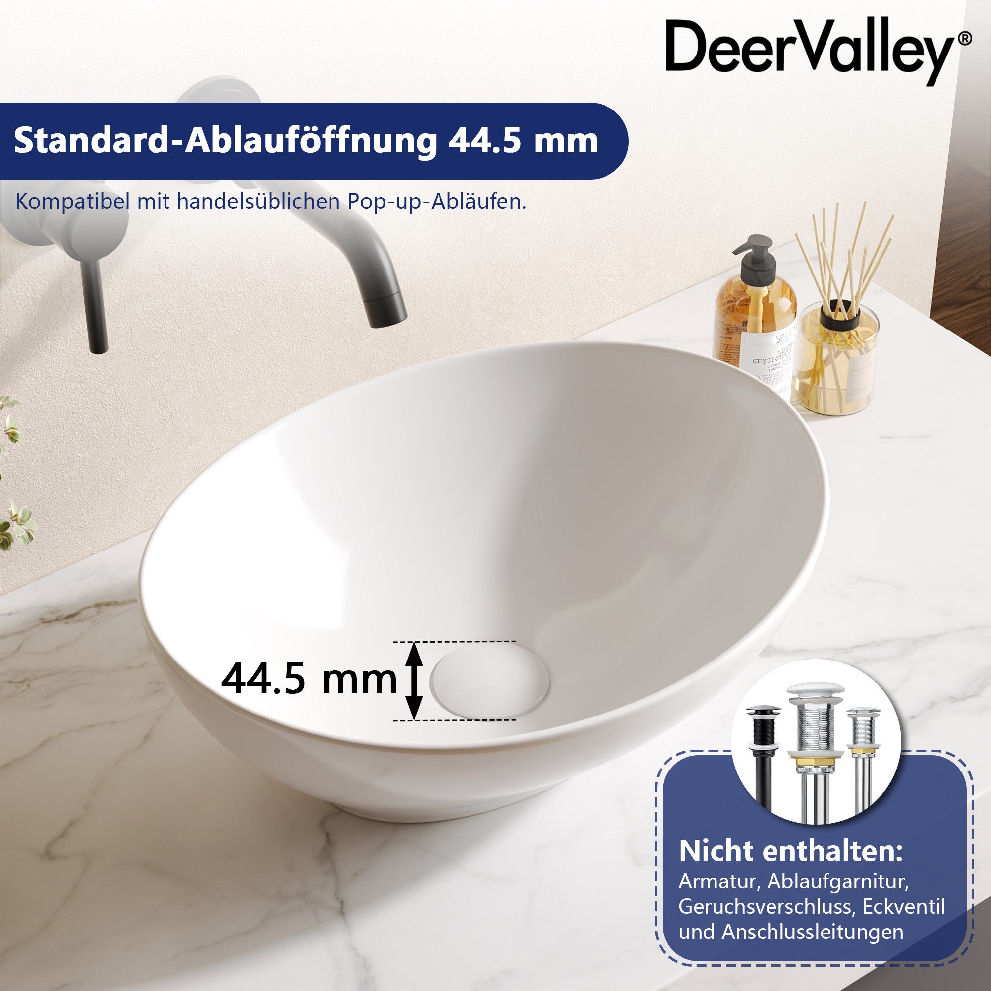 DeerValley Aufsatzwaschbecken DeerValley Oval Keramik Aufsatzwaschbecken Badezimmer Gäste-WC 40x33cm (Packung, ohne Armatur und Ablaufgarnitur), Ovale Keramik-W – Bild 5 von 5