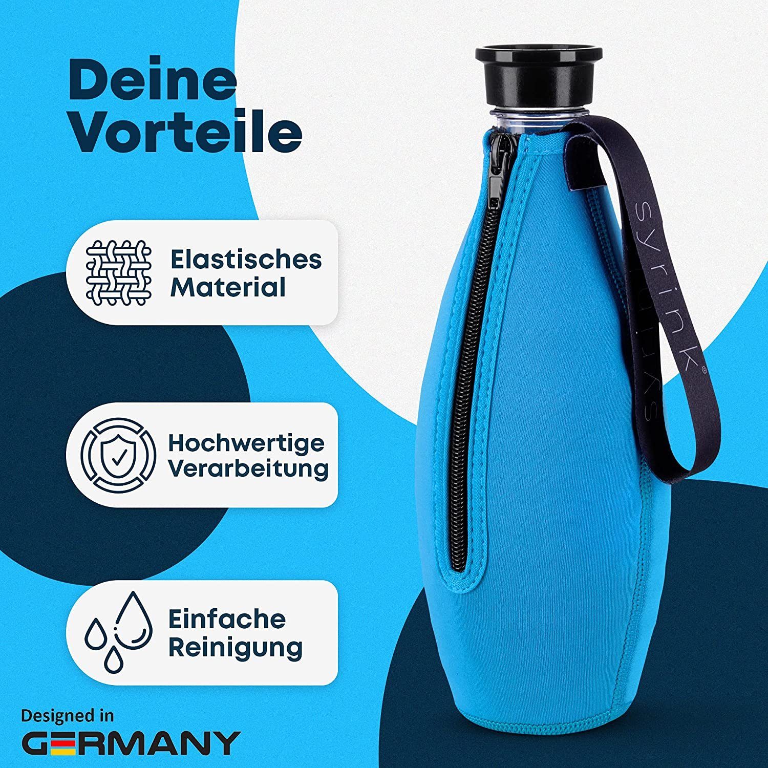 2.0 SYRINK® Thermoflasche kompatibel Crystal mit Glasflasche, Neoprenschutzhülle Thermohülle SodaStream ROXUS blau