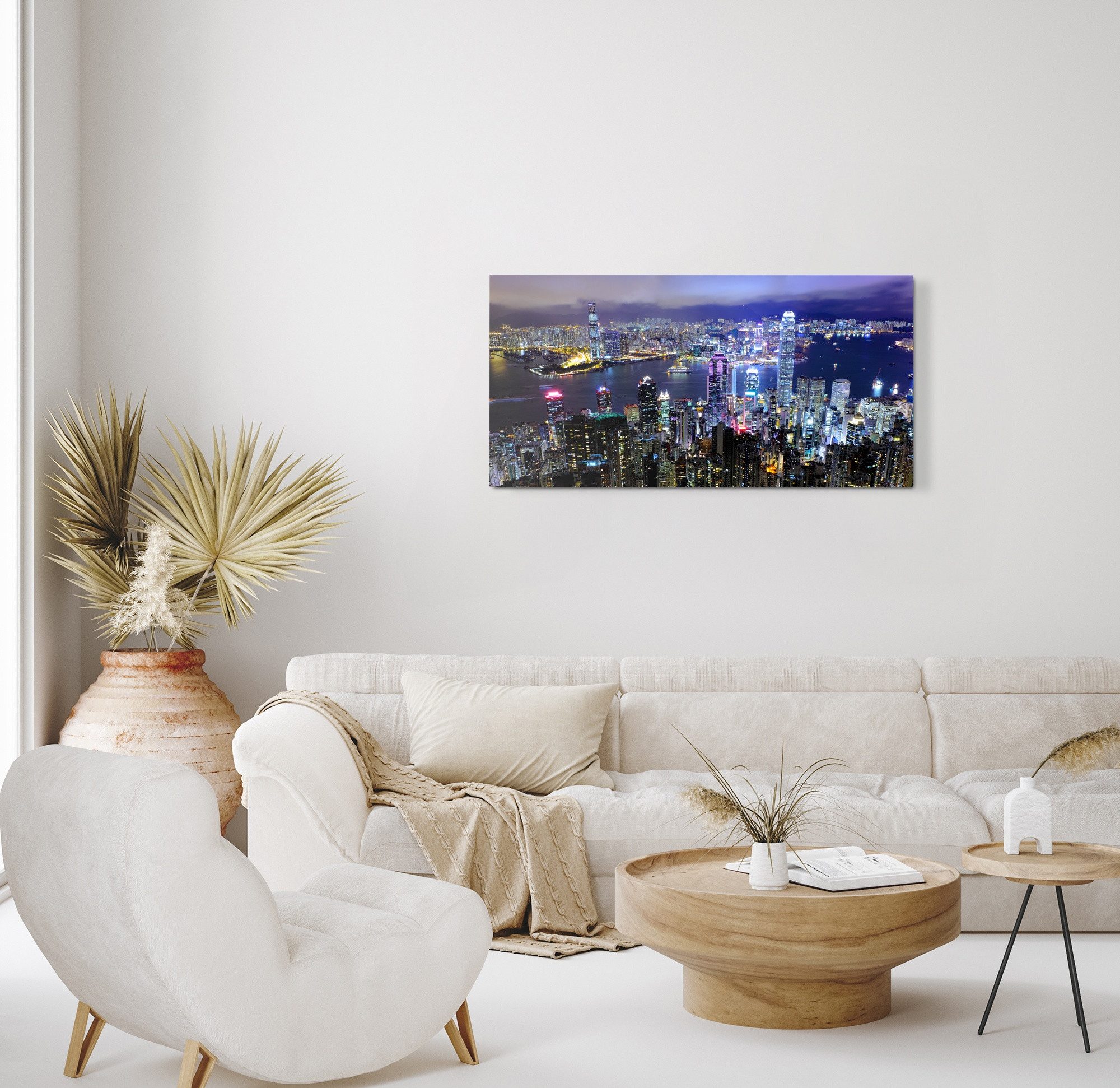 Sinus Art Leinwandbild Kunstdruck Bilder 120x60cm Hongkong bei Nacht Stadt Wolkenkratzer Metr, (1 St)
