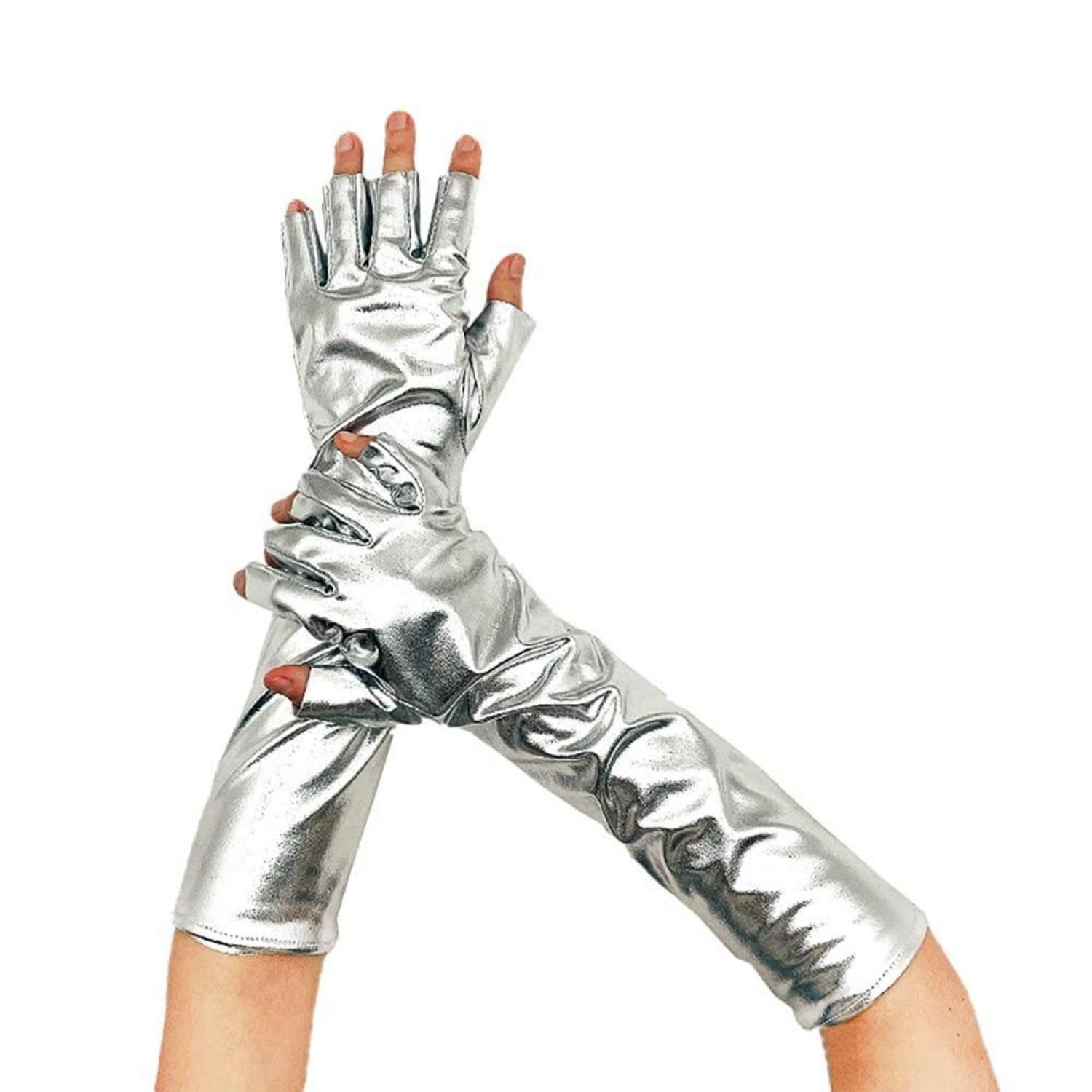 LuxusKollektion Abendhandschuhe Handschuhe Glitzer Metallic Silber 35cm (1-St)