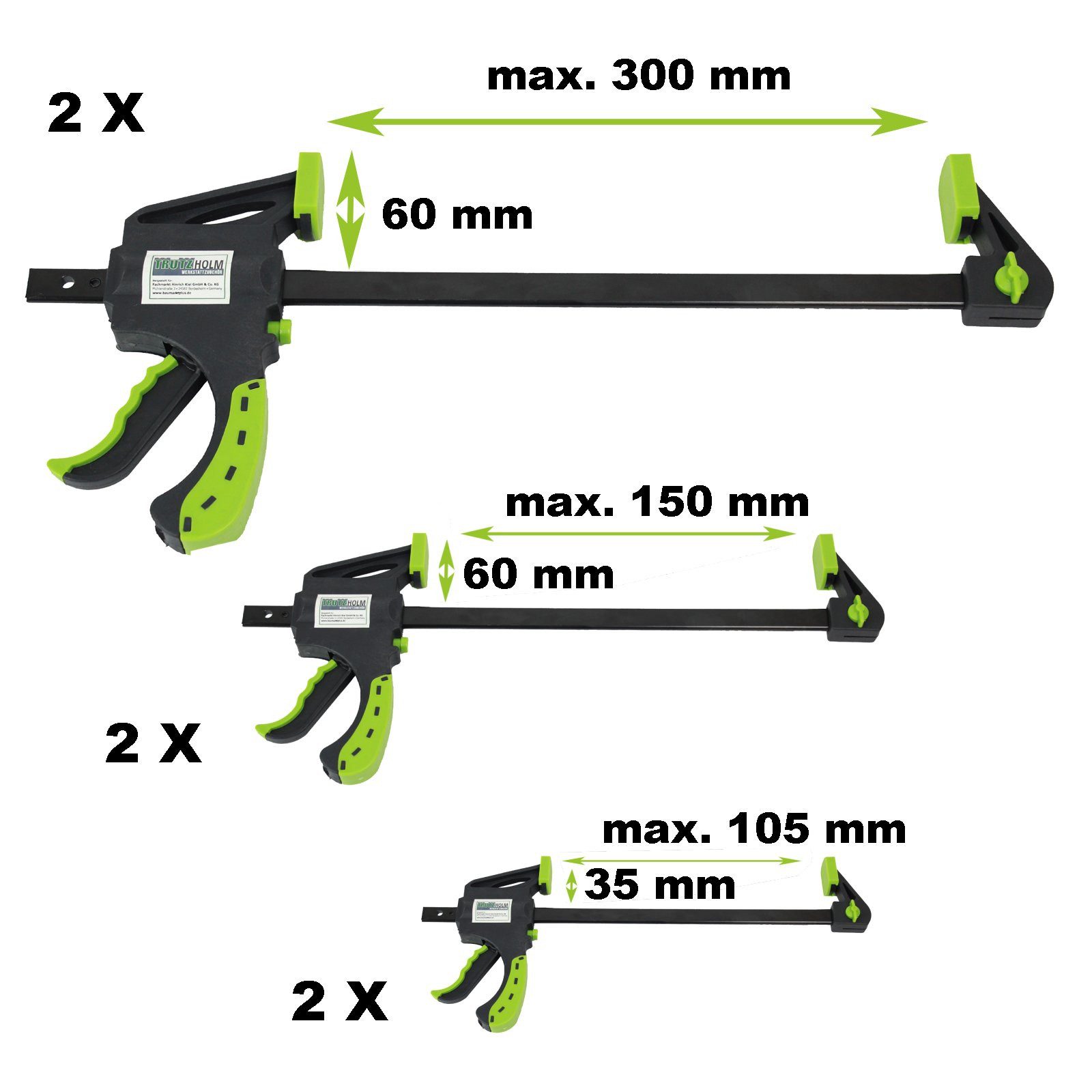 TRUTZHOLM Schraubzwinge Einhandzwinge 3 Größen Schnellspannzwinge 35x105mm 60x150mm 60x300mm, (Spar-Set, 6 St., 6er Set), hohe Kraftübertragung