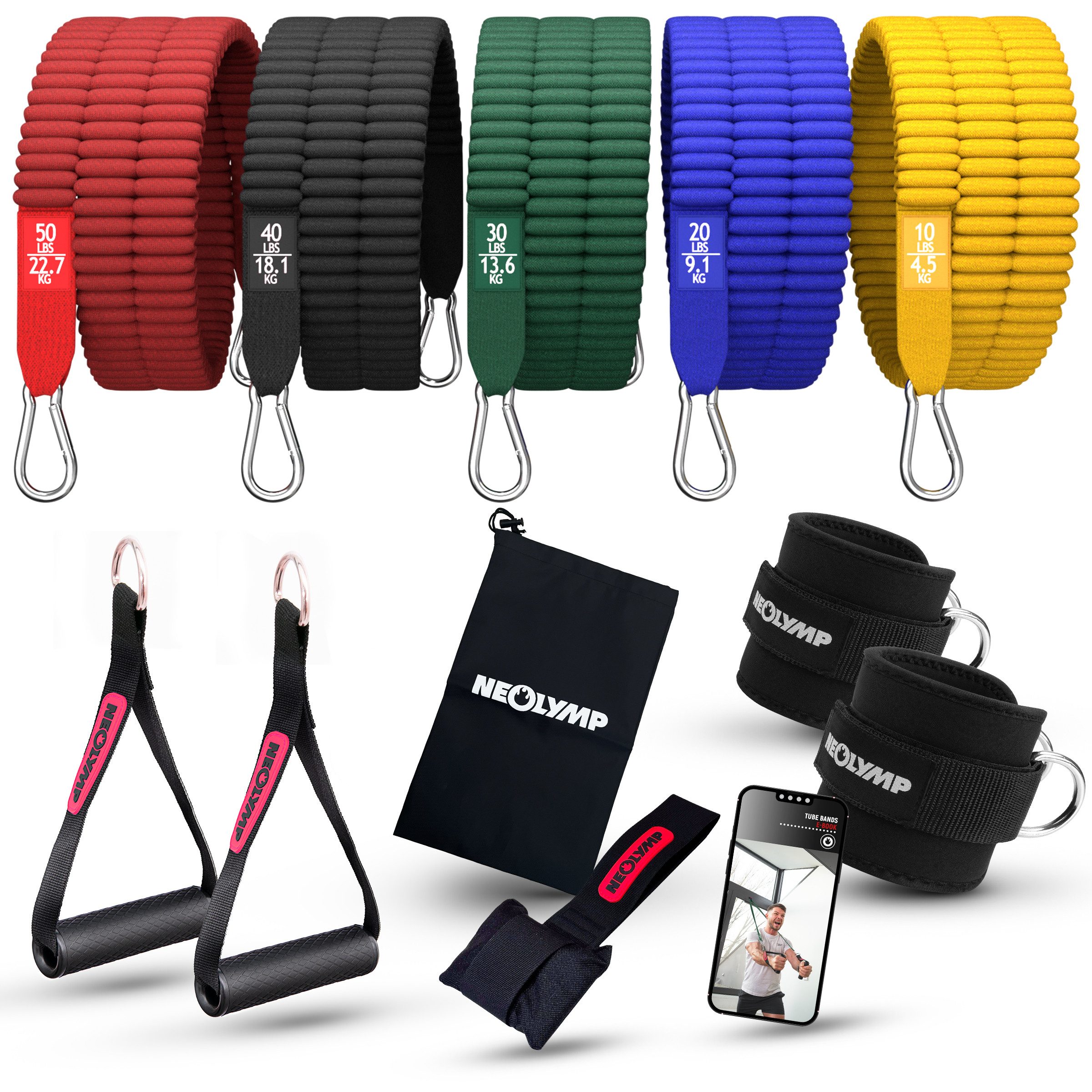 NEOLYMP Trainingsband Premium Resistance Bands Set mit E-Book - Fitnessbänder Expander Set, Widerstandsbänder mit 5 Stärken, Türanker, Griffen & Fußschlaufen