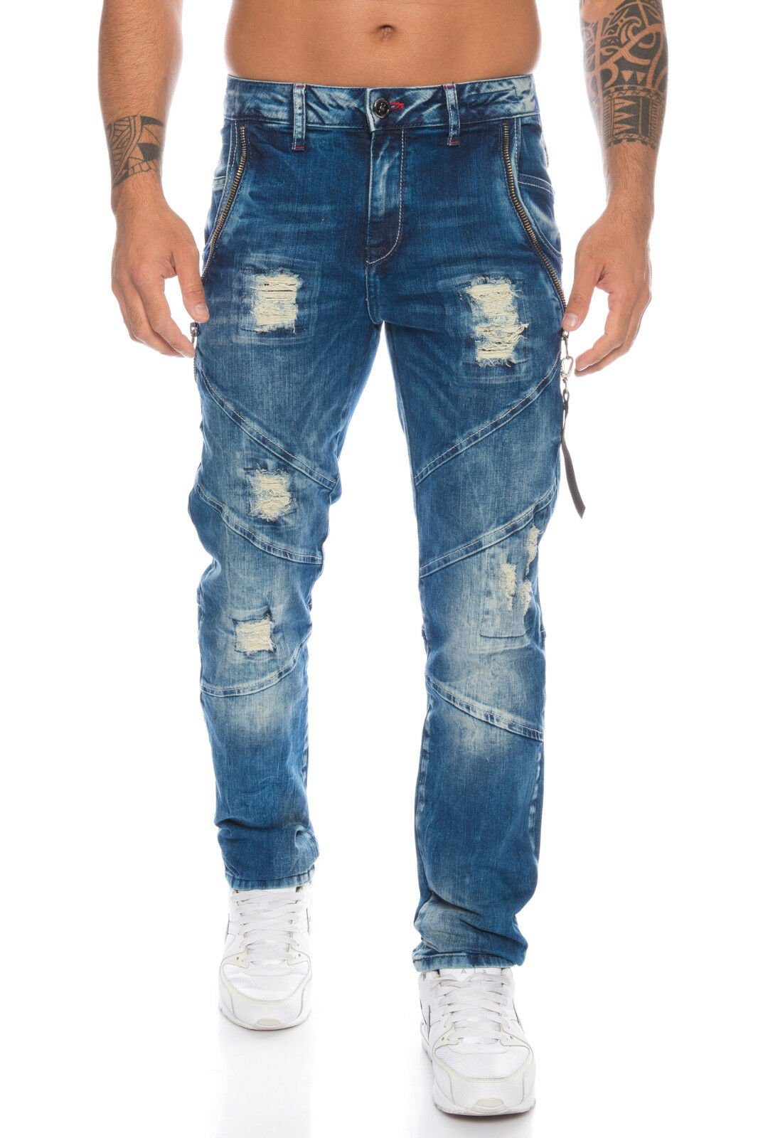 Cipo & Baxx Slim-fit-Jeans Herren Jeans mit Reißverschlussapplikationen und  destroyed Look Jeans mit Reißverschlussapplikationen und destroyed Look