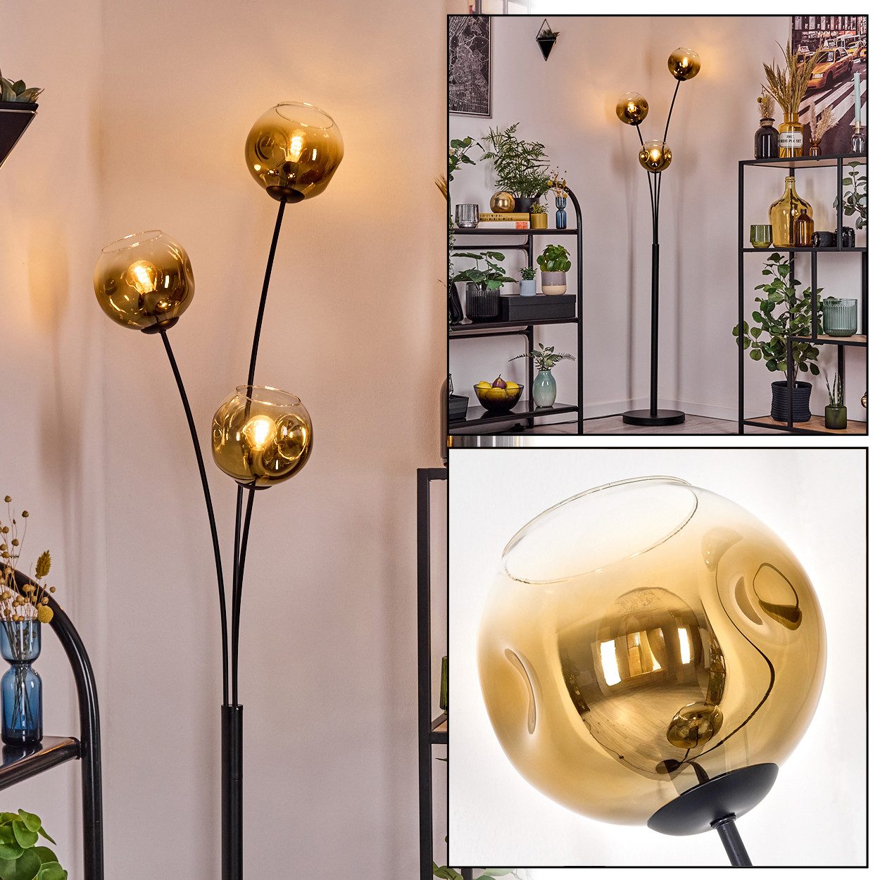 Stehlampe Stehlampe aus Metall/Glas in Schwarz/Gold/Klar