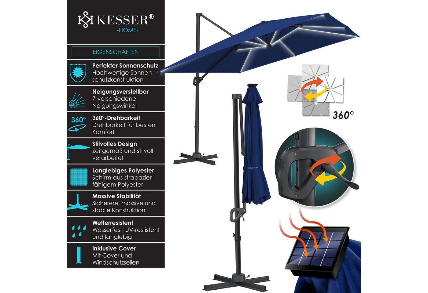Thumbnail - KESSER Ampelschirm, Sonnenschirm Ampelschirm SUN XL 300 300 cm Inkl. Abdeckung