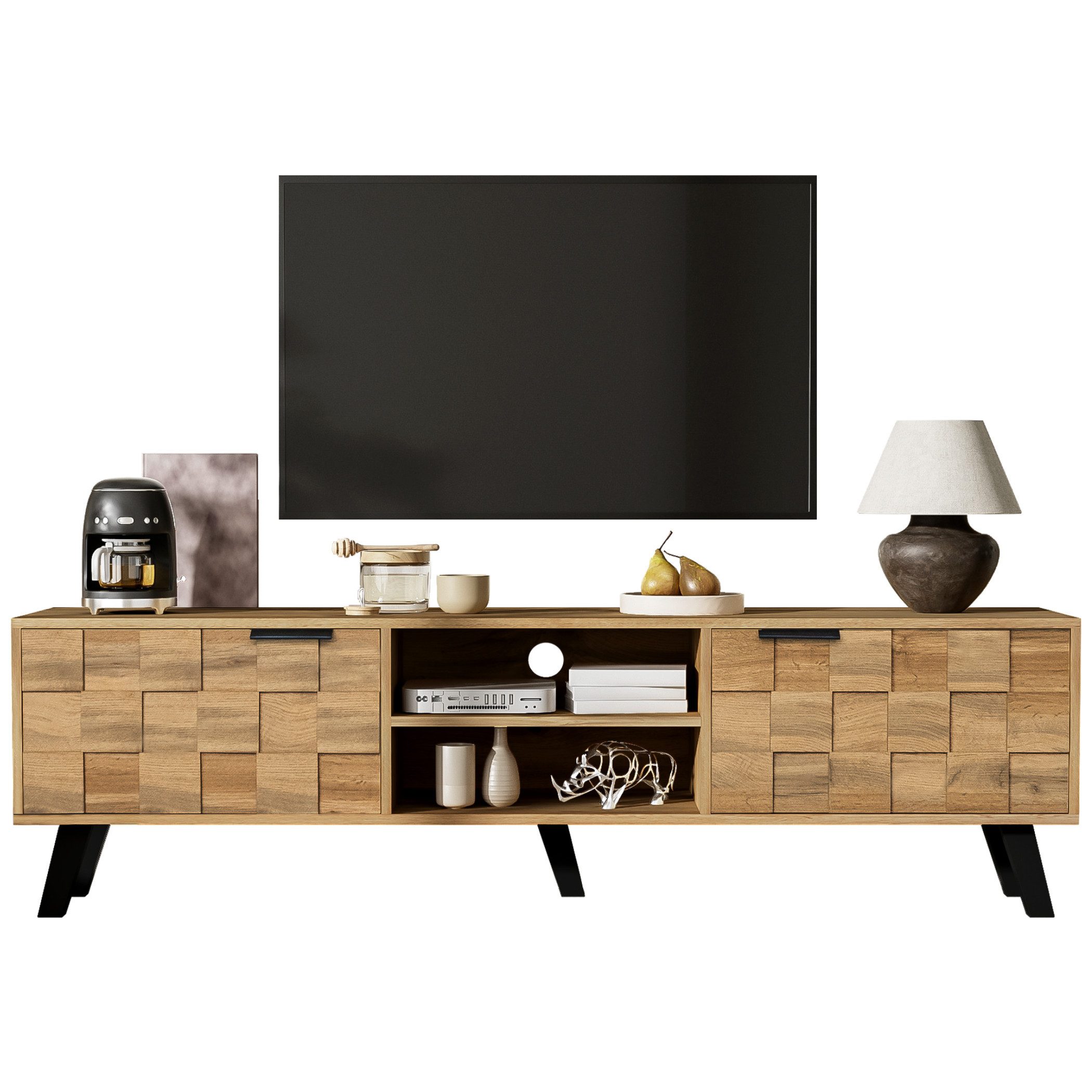 SeedWave Lowboard Stivoller TV Schrank,TV-Lowboard mit 2 Türen und 2 Offenen Fächern, Reicher Stauraum, ein rückseitiges Loch für Kabeldurchführung