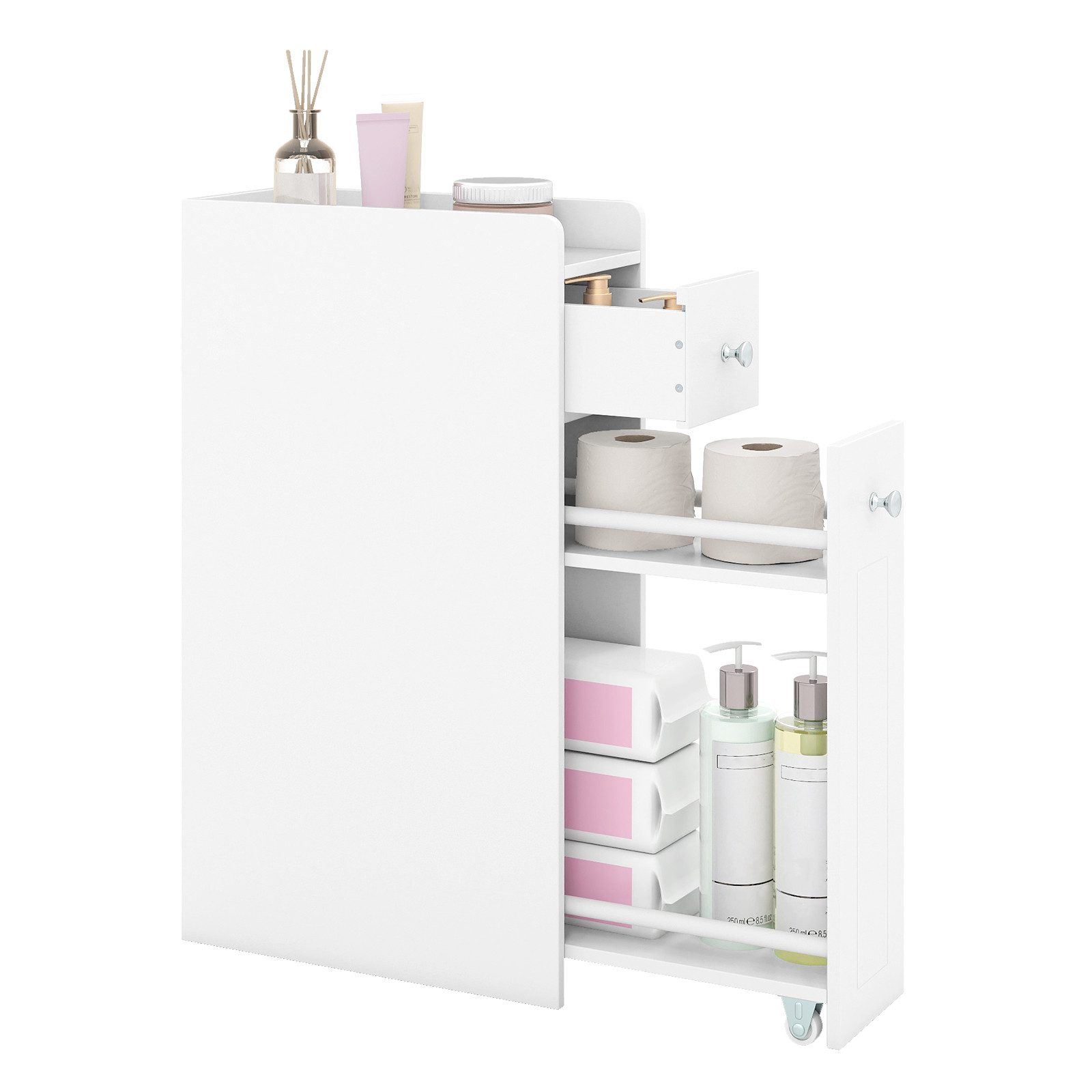 COSTWAY Badkommode, Nischenschrank mit Schublade & Rollen Holz 40x18x70cm