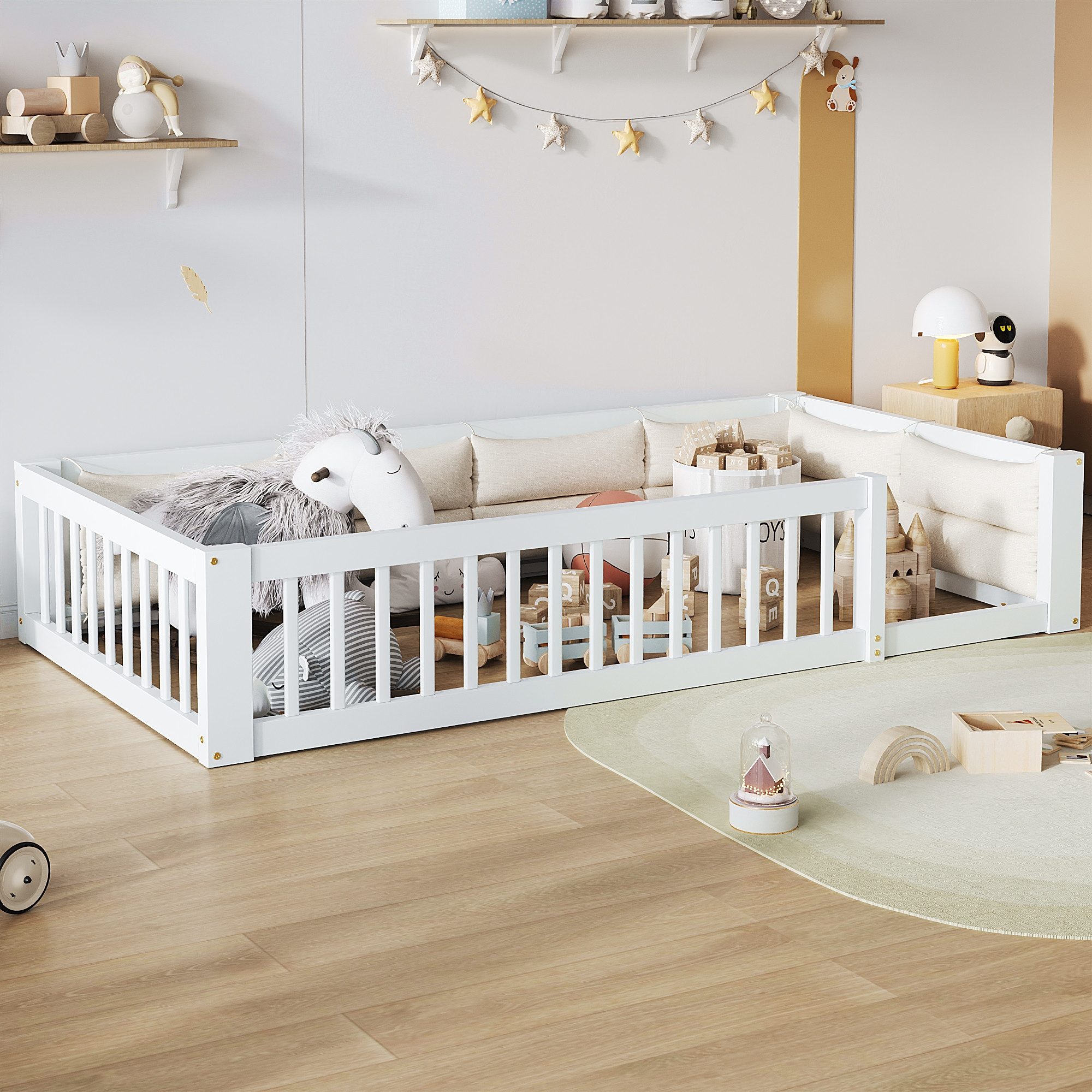 HAUSS SPOLE Kinderbett 90x200 Plattformbett Schutzgitter Gepolstert Kissen Rückenkomfort (Jugendbett mit durchgehendem Schutzgitter am Bett), Holzbett mit Massivholzkonstruktion