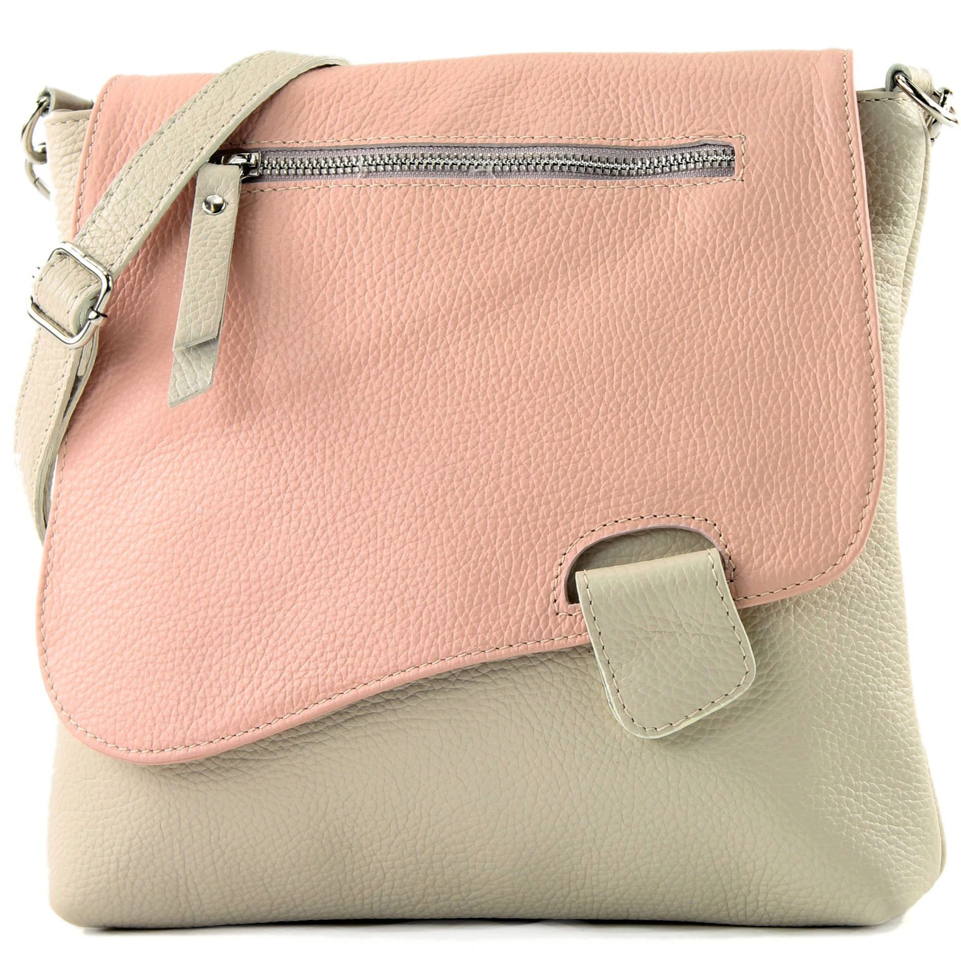 modamoda de Umhängetasche T146v2, Echtleder Handmade in Italy Creme/Rosa