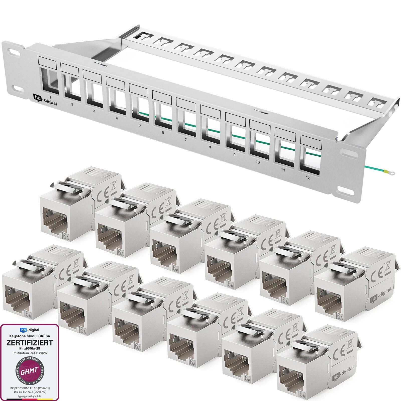 HB-DIGITAL hb-digital Patchpanel 10 Zoll 12 Port mit CAT 6a Keystone 1HE grau Netzwerk-Panel (12 Port CAT 6a, 1 HE, mit Cat 6a Keystone Modul RJ45)