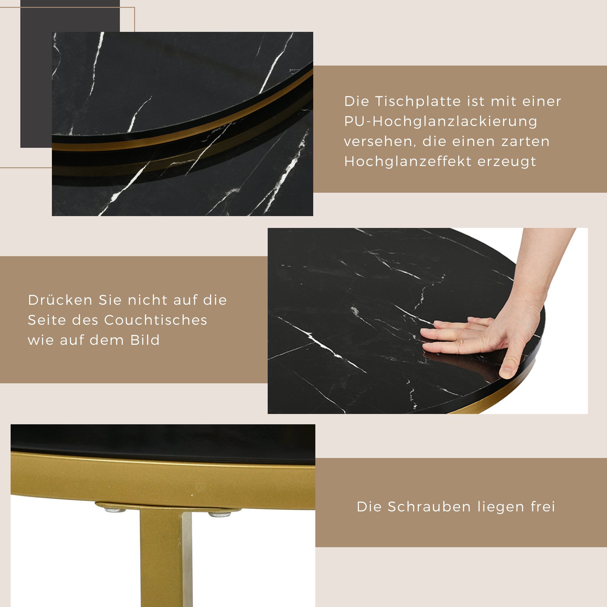 Merax aus Couchtisch Schwarz (2-St), Schublade | Holz Satztisch Metallbeine rund mit hochglanz goldenen mit Marmoroptik Beistelltisch Schwarz
