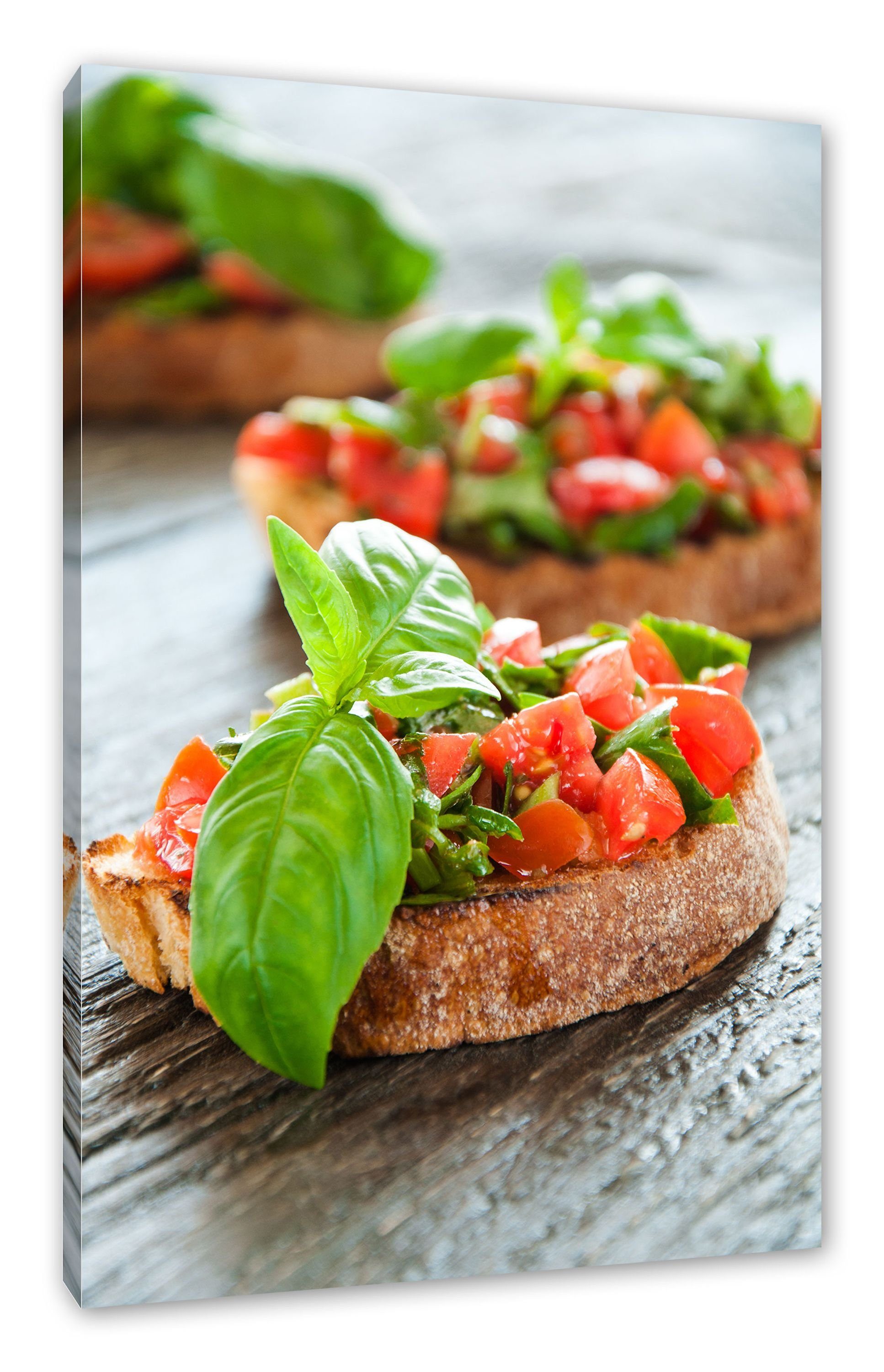 Pixxprint Leinwandbild Köstliche Tomaten Bruchetta, Köstliche Tomaten Bruchetta (1 St), Leinwandbild fertig bespannt, inkl. Zackenaufhänger | Leinwandbilder