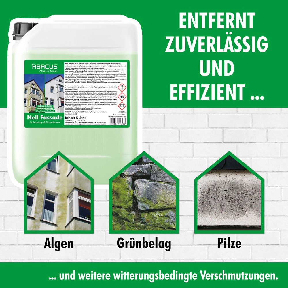ABACUS Nell Fassade Grünbelagentferner, Algenentferner, Flechtenentferner Grünbelagentferner (Langzeit Wirkung, [3-St. Geeignet für Fassaden Selbsttätig mit Langzeitschutz)