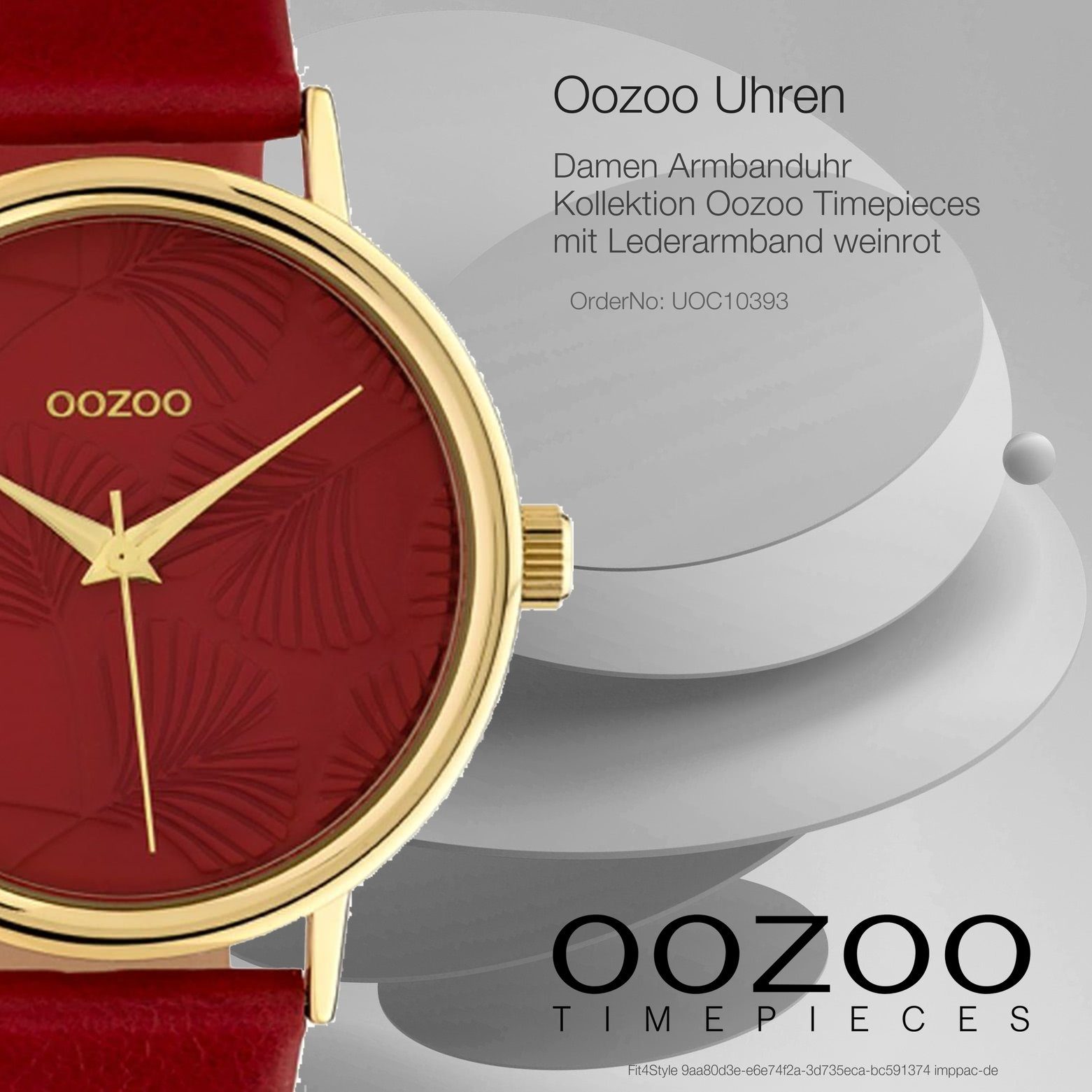 Damen Uhren OOZOO Quarzuhr UOC10393 Oozoo Damen Armbanduhr weinrot, Damenuhr rund, groß (ca. 42mm), Lederarmband, Fashion-Style