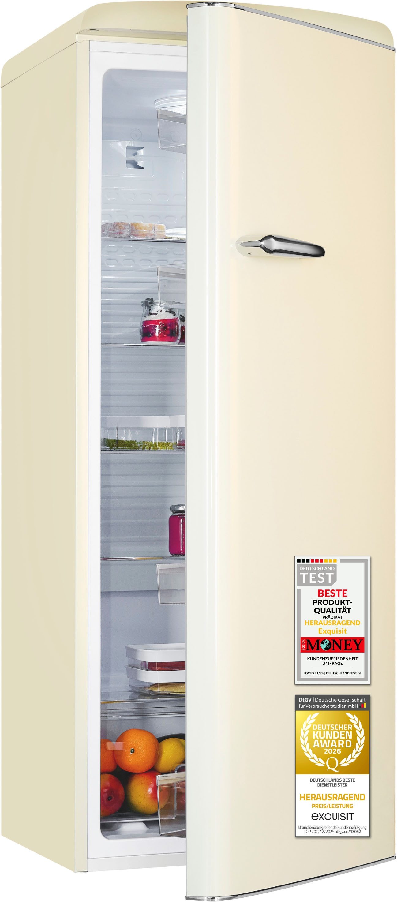 exquisit Kühlschrank RKS325-V-H-160C magnolienweiss, 146,5 cm hoch, 54,5 cm breit, LED-Beleuchtung, verstellbare Glasböden, Retro-Design