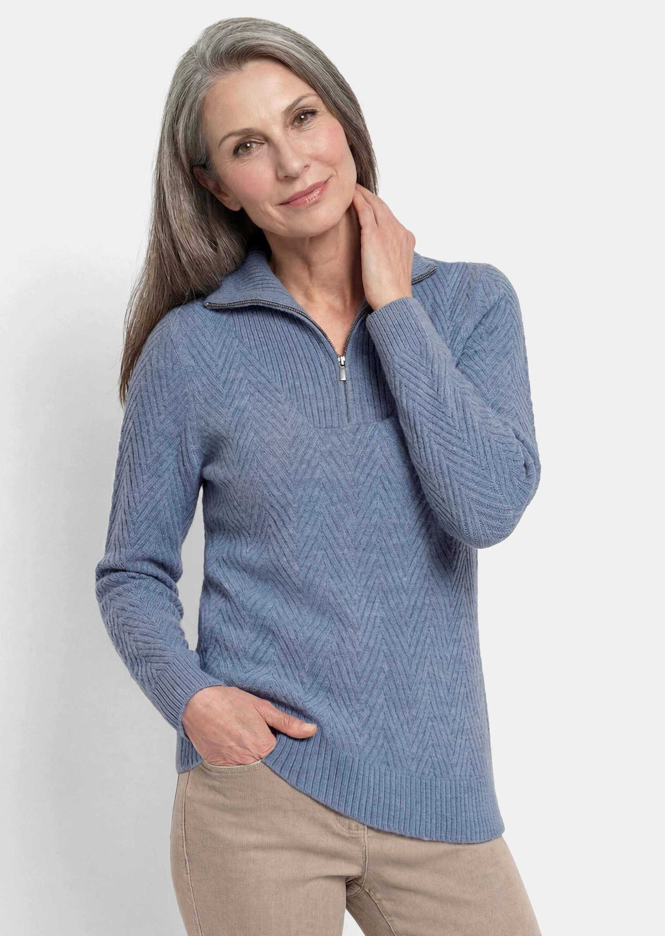GOLDNER Strickpullover Troyer-Pullover mit Reißverschluss Warmer Strickpullover mit Zickzack-Strick, Stehkragen und Merinowolle