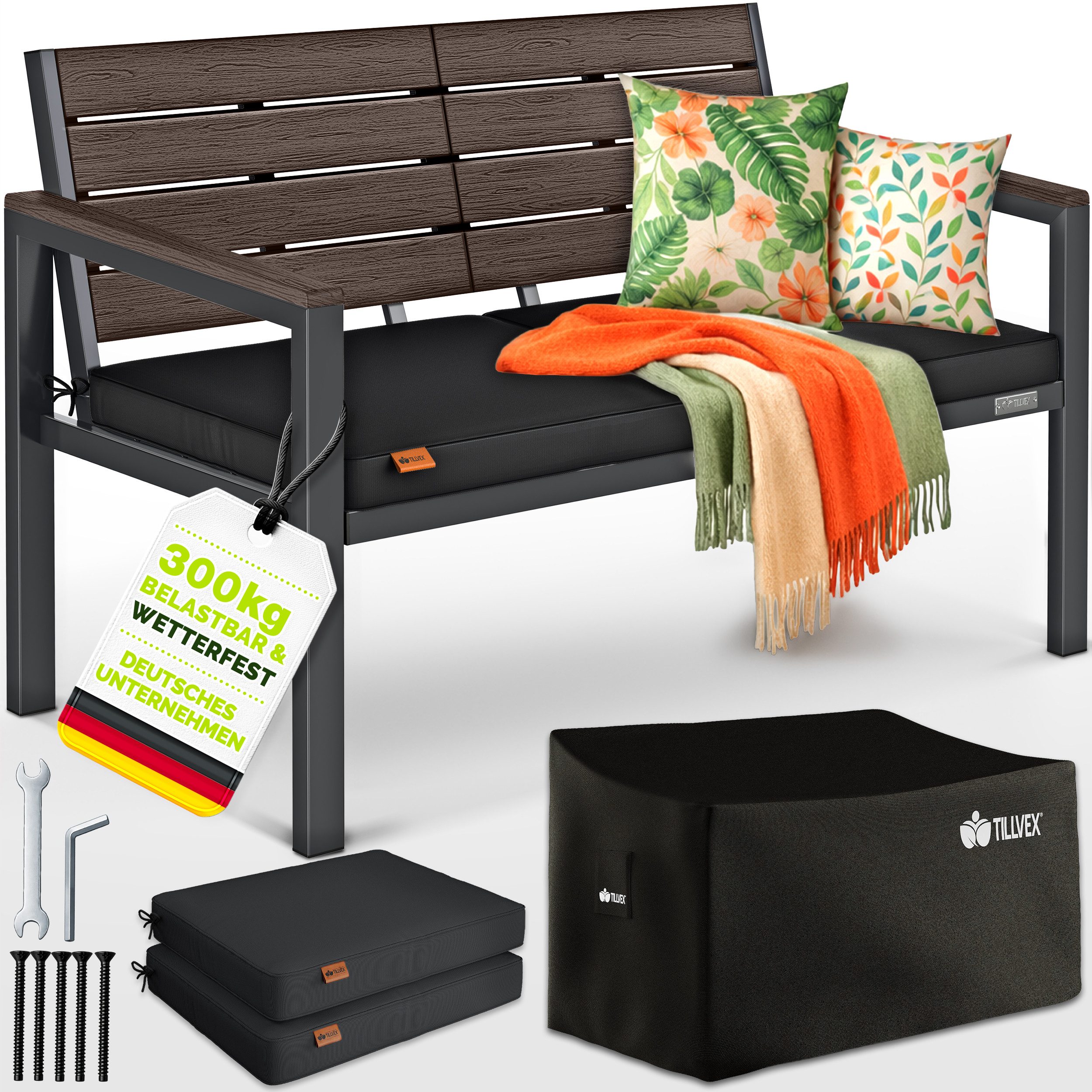 tillvex Gartenbank tillvex® Gartenbank mit Abdeckung & Kissen in Holzoptik bis 300kg (Garten Terrasse Balkon mit waschbarem Bezug, Parkbank in Holzoptik belastbar UV-beständig Sitzbank), Wetterfest 2-3 Sitzer mit Abdeckung & Kissen bis 300 kg