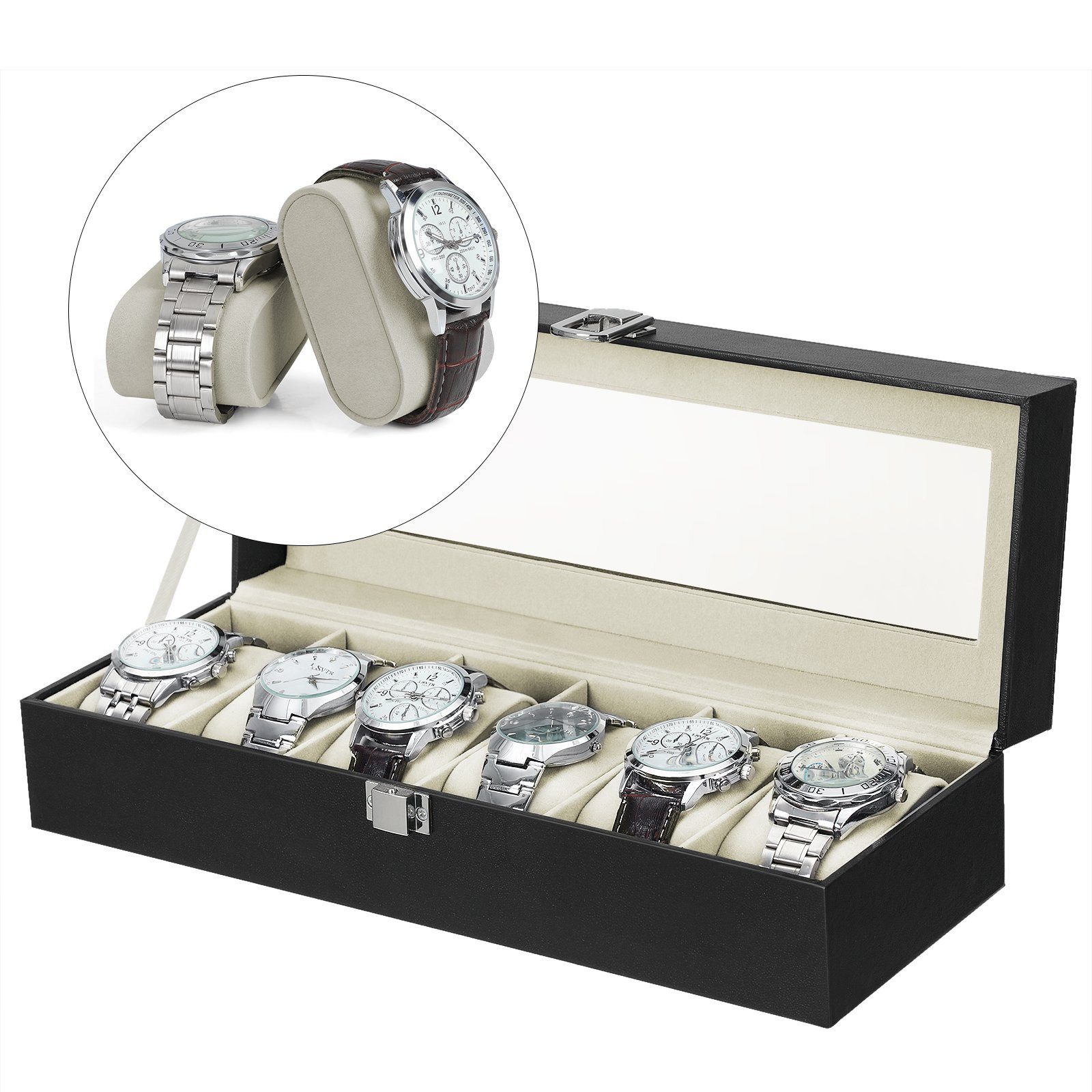 SONGMICS Uhrenbox mit 6 Fächern, Schatulle, abnehmbare Polster, 30 x 11,2 x 8 cm, Glasdeckel, Schloss, schwarze Beschichtung, Futter in grünlichem Beige