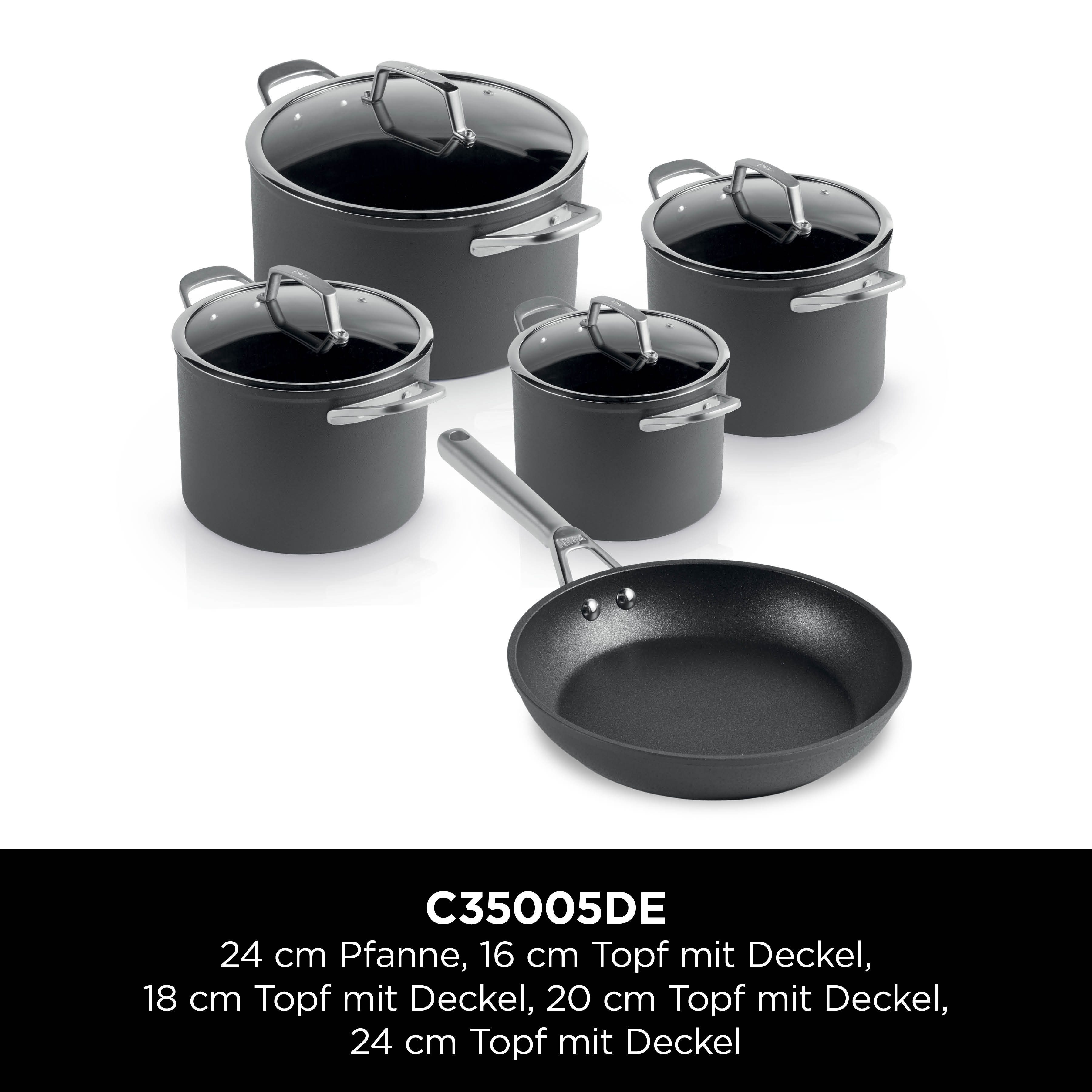 NINJA Topf-Set Ninja ZEROSTICK Premium 5-teiliges Topf- und Pfannen-Set C35005DE, Aluminium (Set, 5-tlg., Je 1 Kochtopf Ø 18,20,24 cm, 1 Stieltopf Ø 16 cm, 1 Bratpfanne Ø 24cm), Premium Kollektion, ZEROSTICK Technologie, garen ohne Fett