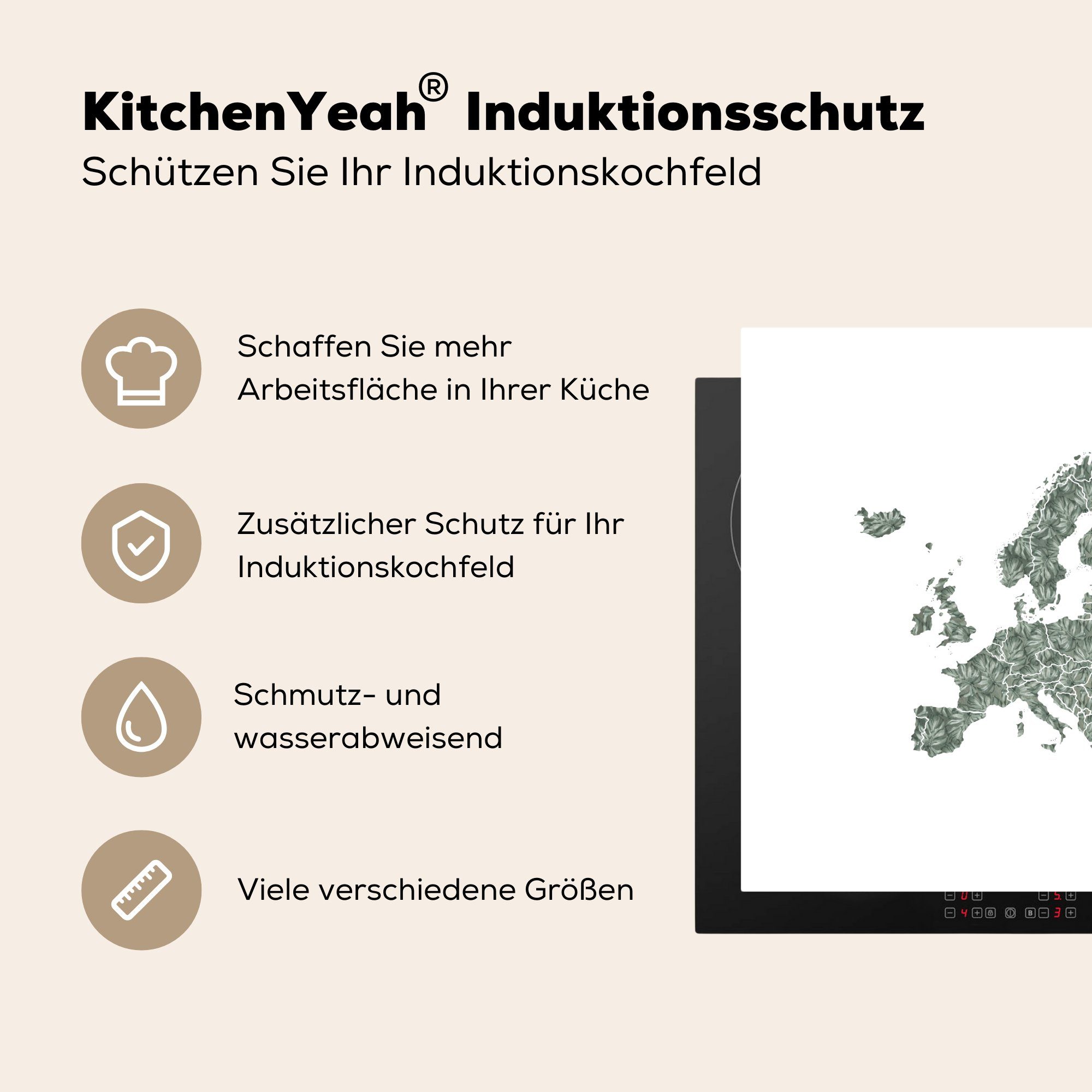 MuchoWow Herdblende-/Abdeckplatte Europa Karte - Grau, Arbeitsplatte (1 cm, tlg), 78x78 für Vinyl, Ceranfeldabdeckung, Blätter küche 